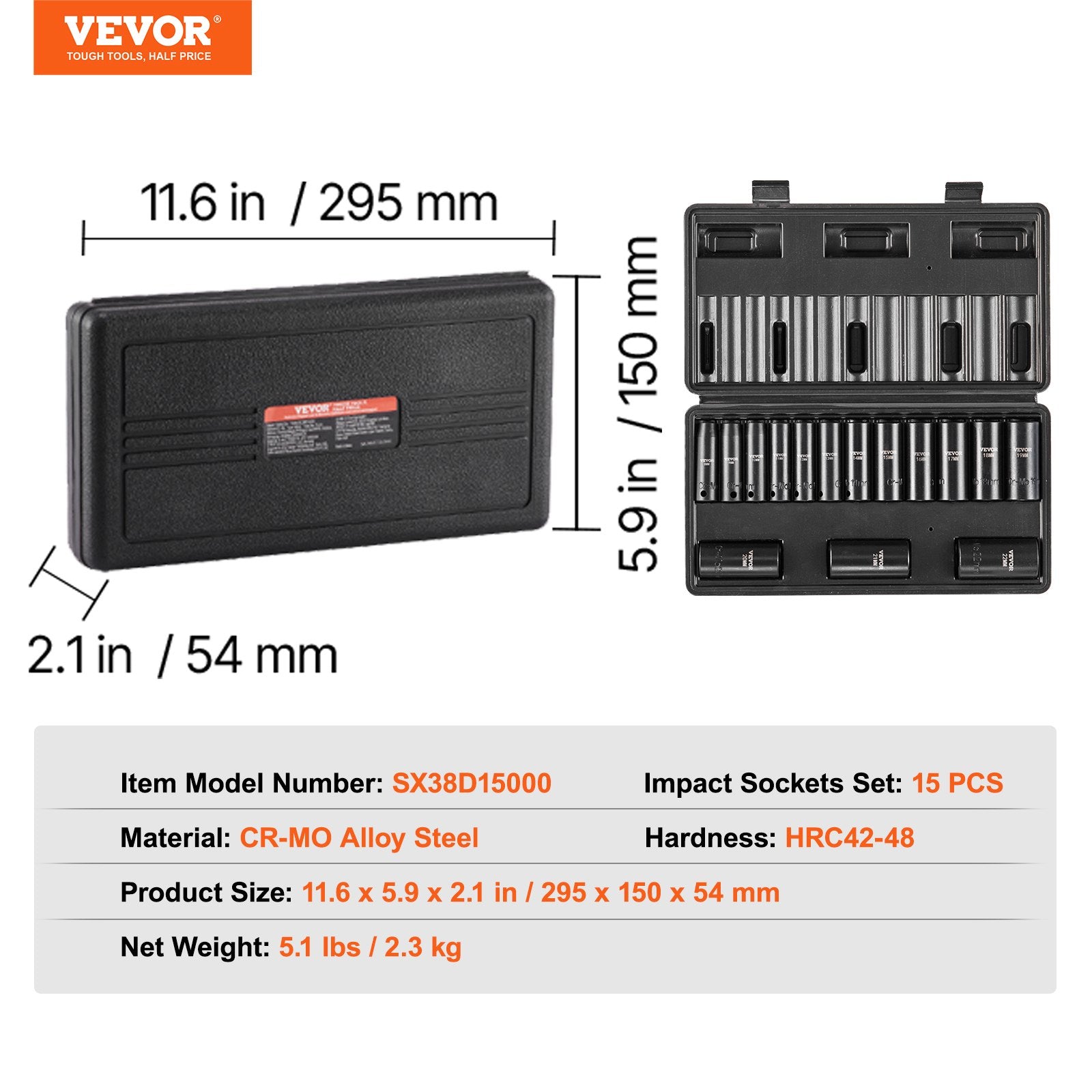 Tool Sockets: VEVOR 3/8" Drive Impact Socket Set, 15 Piece Deep Socket Set Metric 8-22mm, 6 Point Cr-Mo Alloy Steel for Auto Repair, Easy-to-Read Size Markings, Rugged Construction, Includes Storage Case
