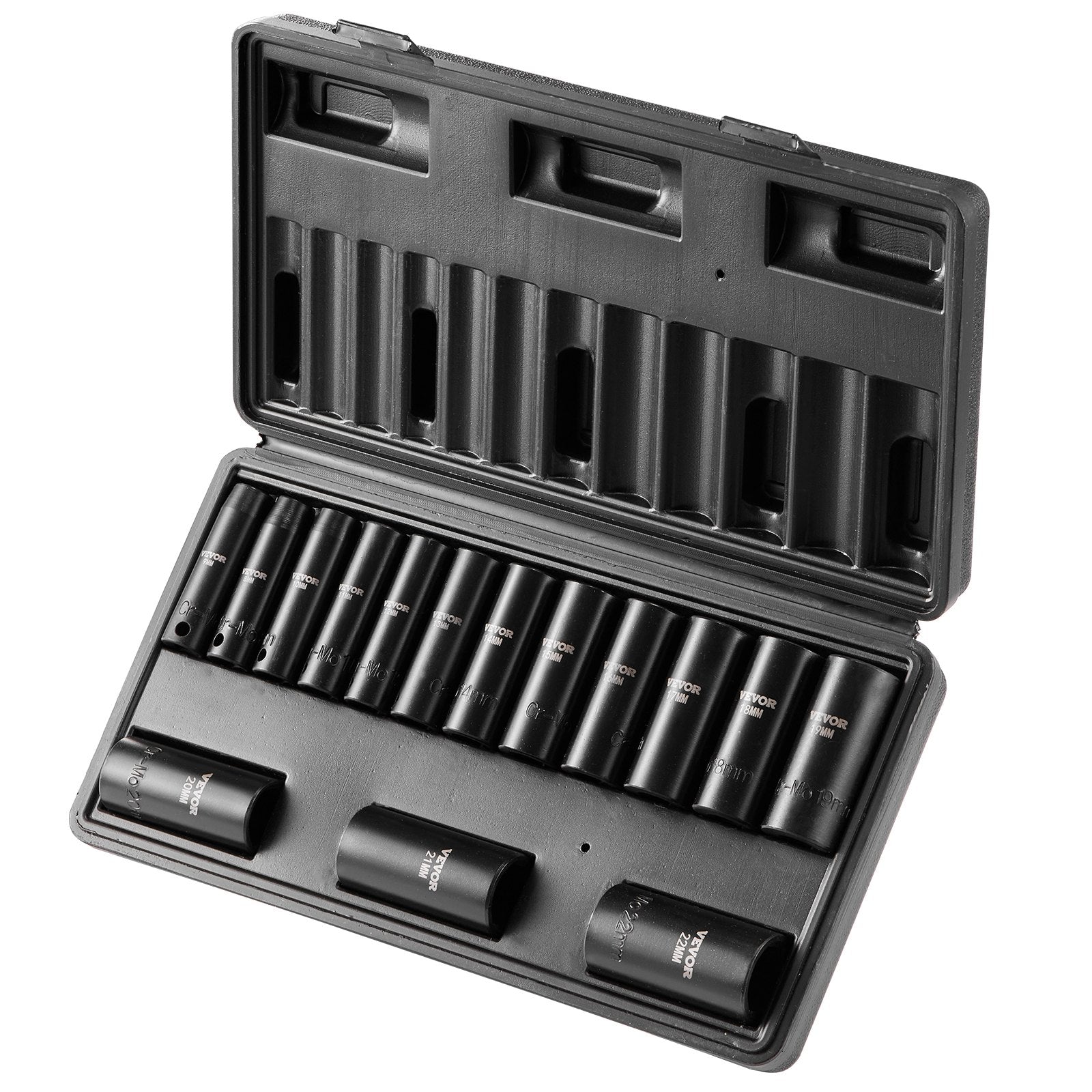 Tool Sockets: VEVOR 3/8" Drive Impact Socket Set, 15 Piece Deep Socket Set Metric 8-22mm, 6 Point Cr-Mo Alloy Steel for Auto Repair, Easy-to-Read Size Markings, Rugged Construction, Includes Storage Case
