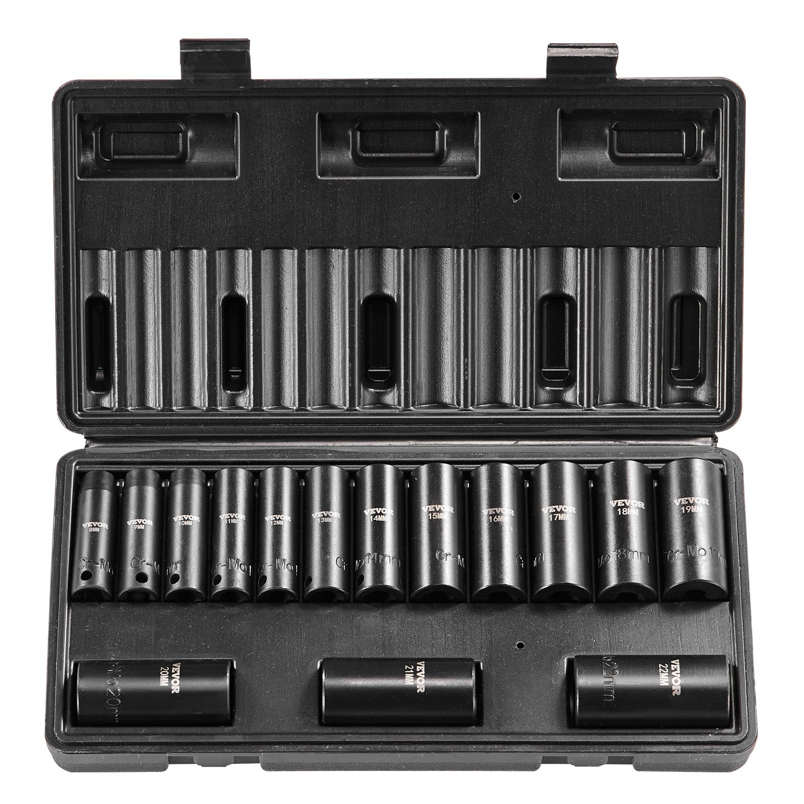 Tool Sockets: VEVOR 3/8" Drive Impact Socket Set, 15 Piece Deep Socket Set Metric 8-22mm, 6 Point Cr-Mo Alloy Steel for Auto Repair, Easy-to-Read Size Markings, Rugged Construction, Includes Storage Case