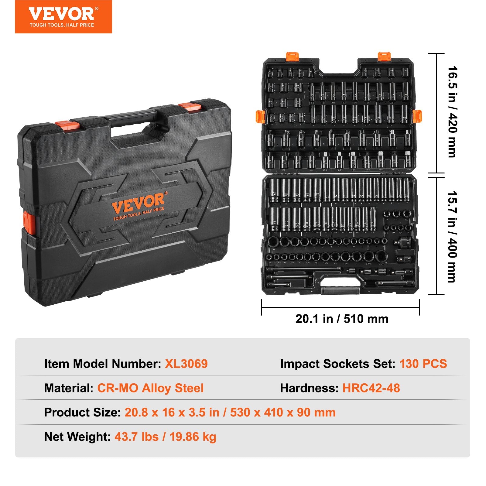 Impact Sockets Set 130PCS 6-Point 3/8" & 1/2" Drive Bit Ratchet Tool Kit