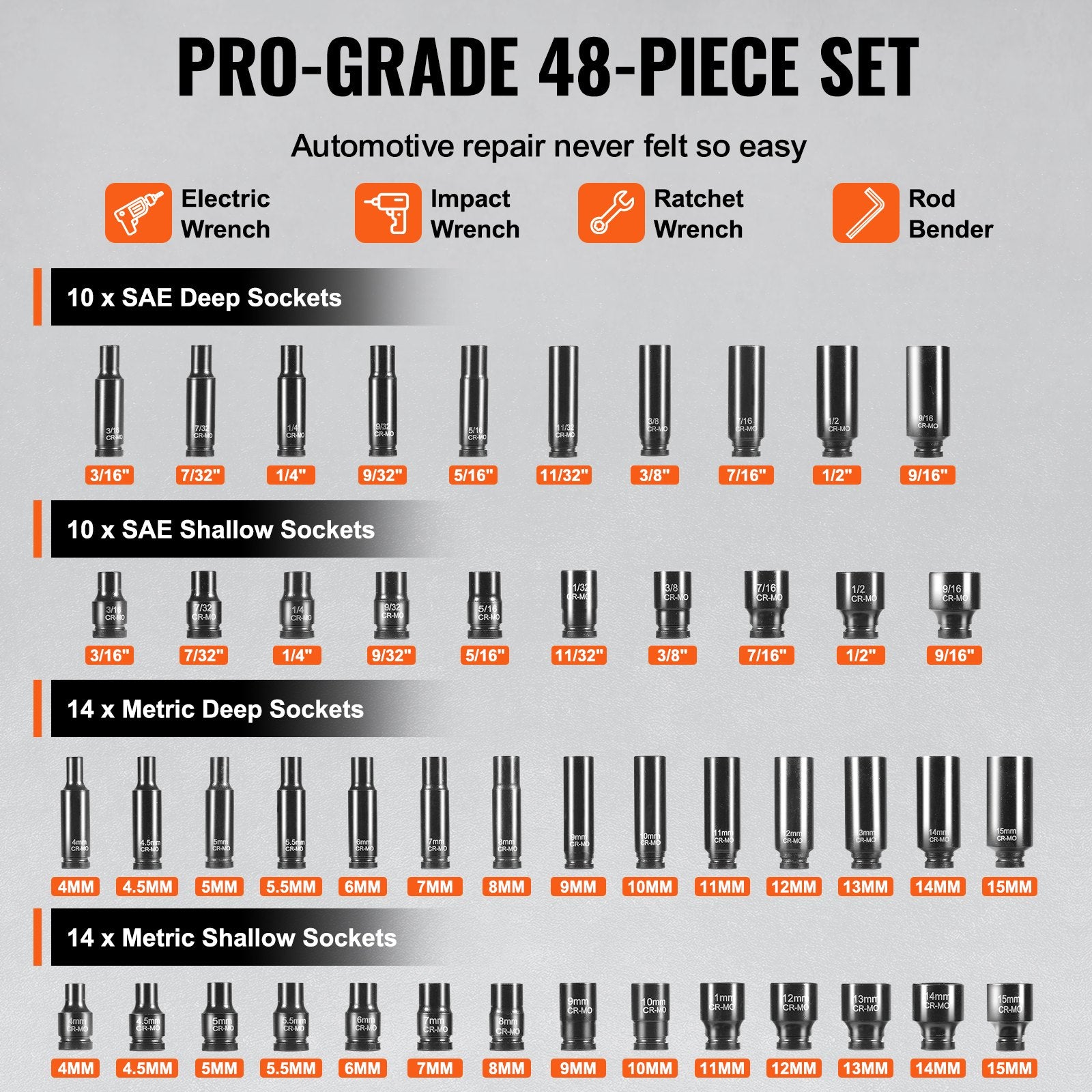 Tool Sockets: VEVOR Impact Sockets Set 48pcs 6-Point 1/4" Drive Bit Ratchet Tool Kit Case