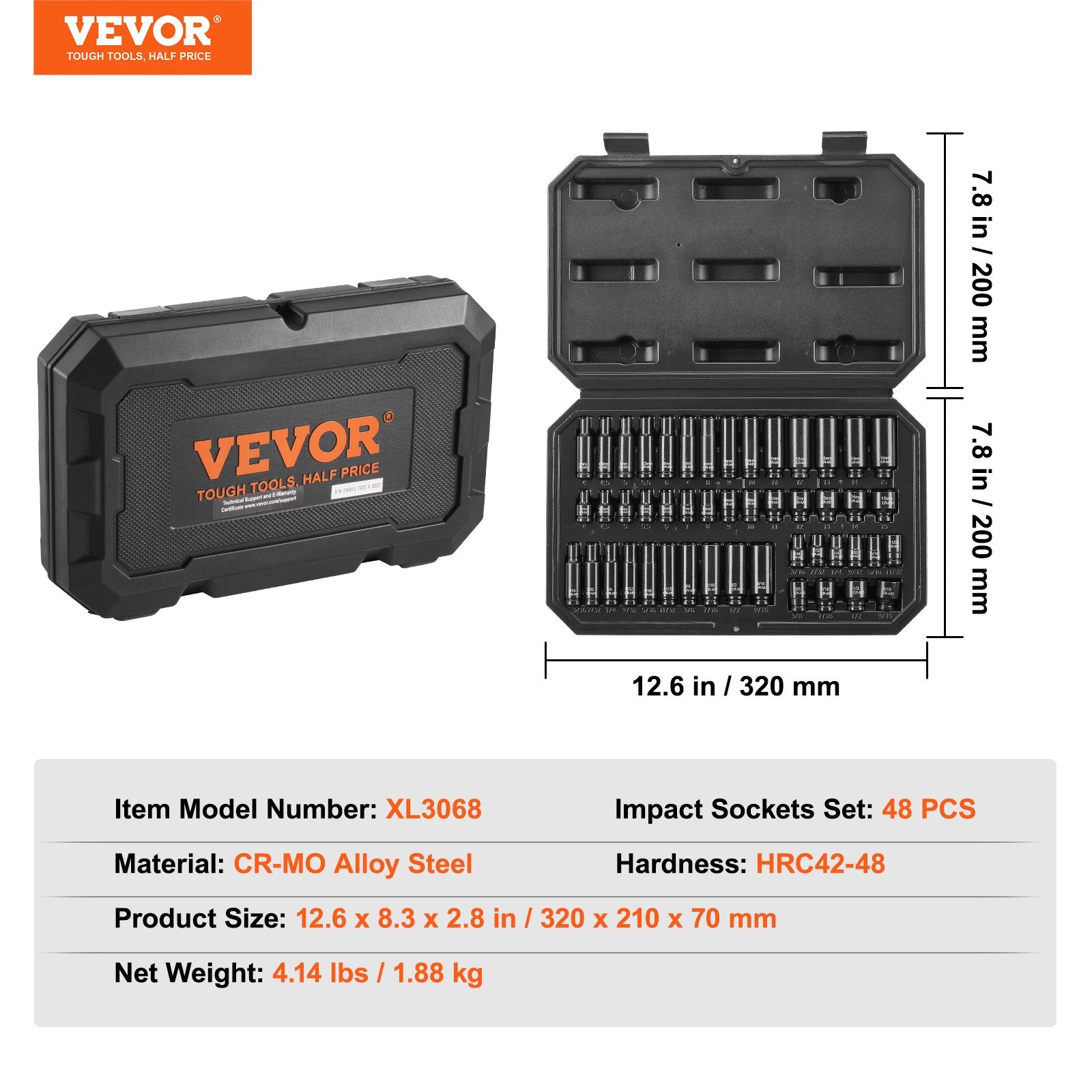 Tool Sockets: VEVOR Impact Sockets Set 48pcs 6-Point 1/4" Drive Bit Ratchet Tool Kit Case