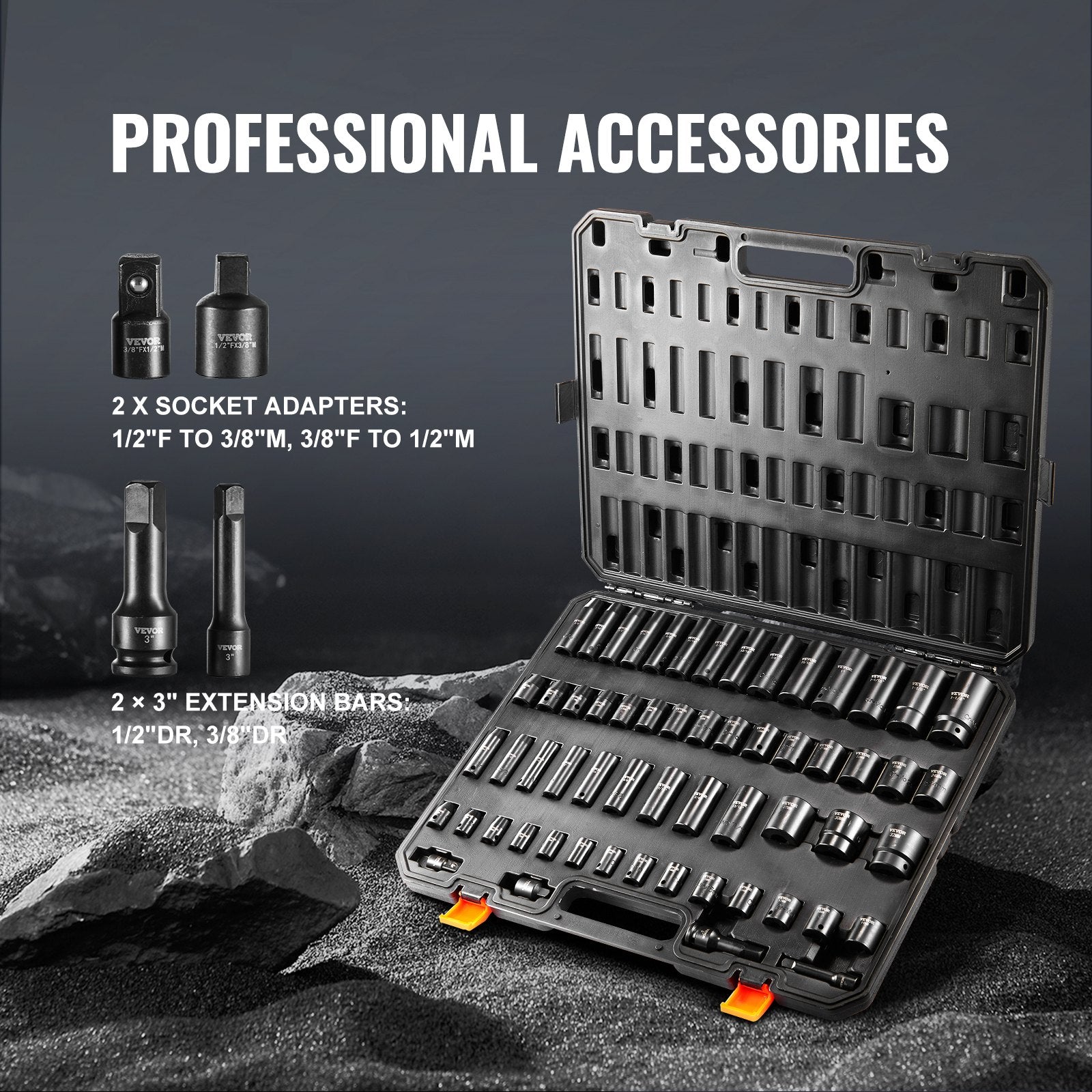 Tool Sockets: VEVOR Impact Sockets Set 59pcs 6-Point 3/8" & 1/2" Drive Bit Ratchet Tool Kit