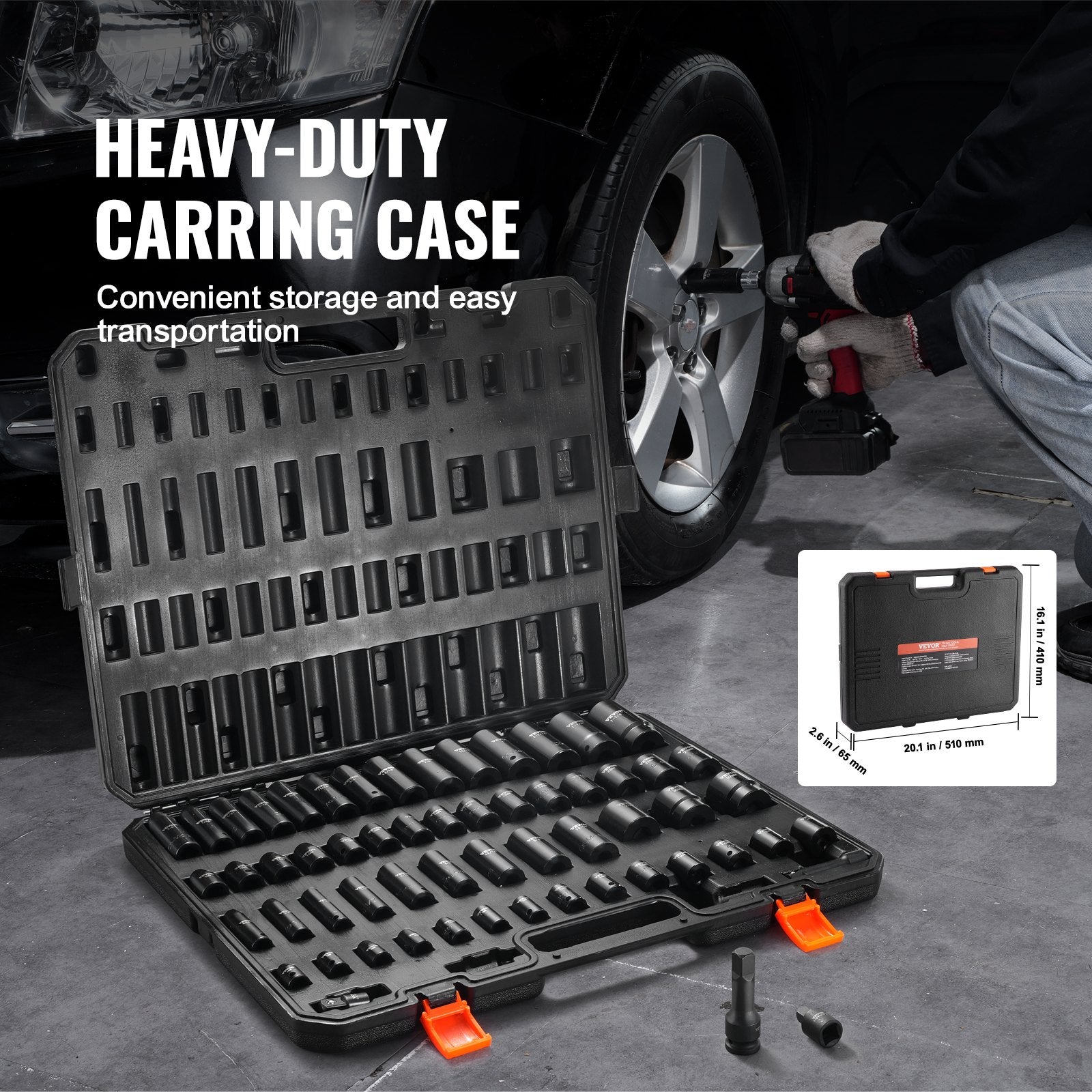Tool Sockets: VEVOR Impact Sockets Set 59pcs 6-Point 3/8" & 1/2" Drive Bit Ratchet Tool Kit