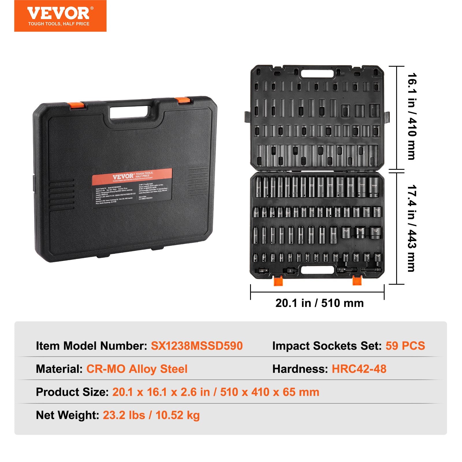 Tool Sockets: VEVOR Impact Sockets Set 59pcs 6-Point 3/8" & 1/2" Drive Bit Ratchet Tool Kit