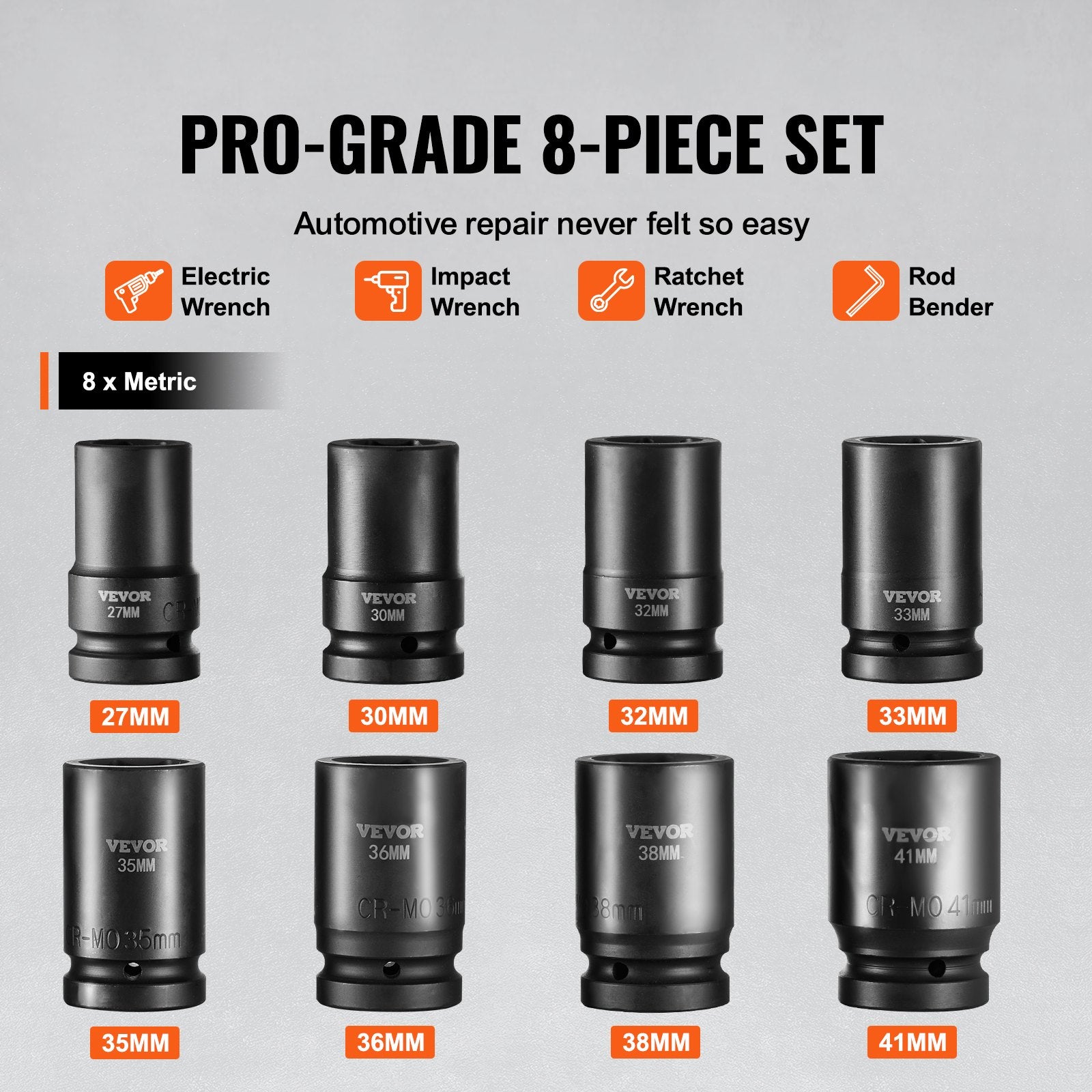Tool Sockets: VEVOR Impact Sockets Set 8pcs 6-Point 1" Drive Bit Ratchet Tool Kit Case