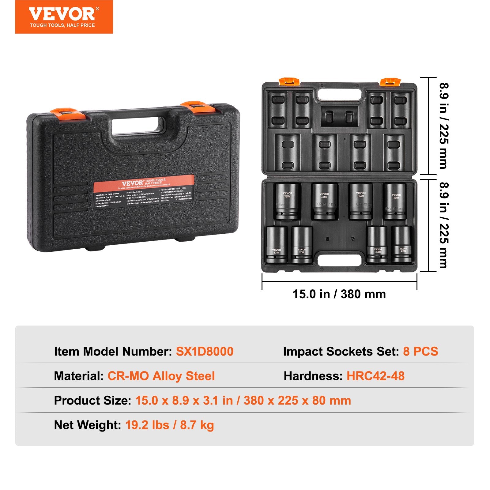 Tool Sockets: VEVOR Impact Sockets Set 8pcs 6-Point 1" Drive Bit Ratchet Tool Kit Case