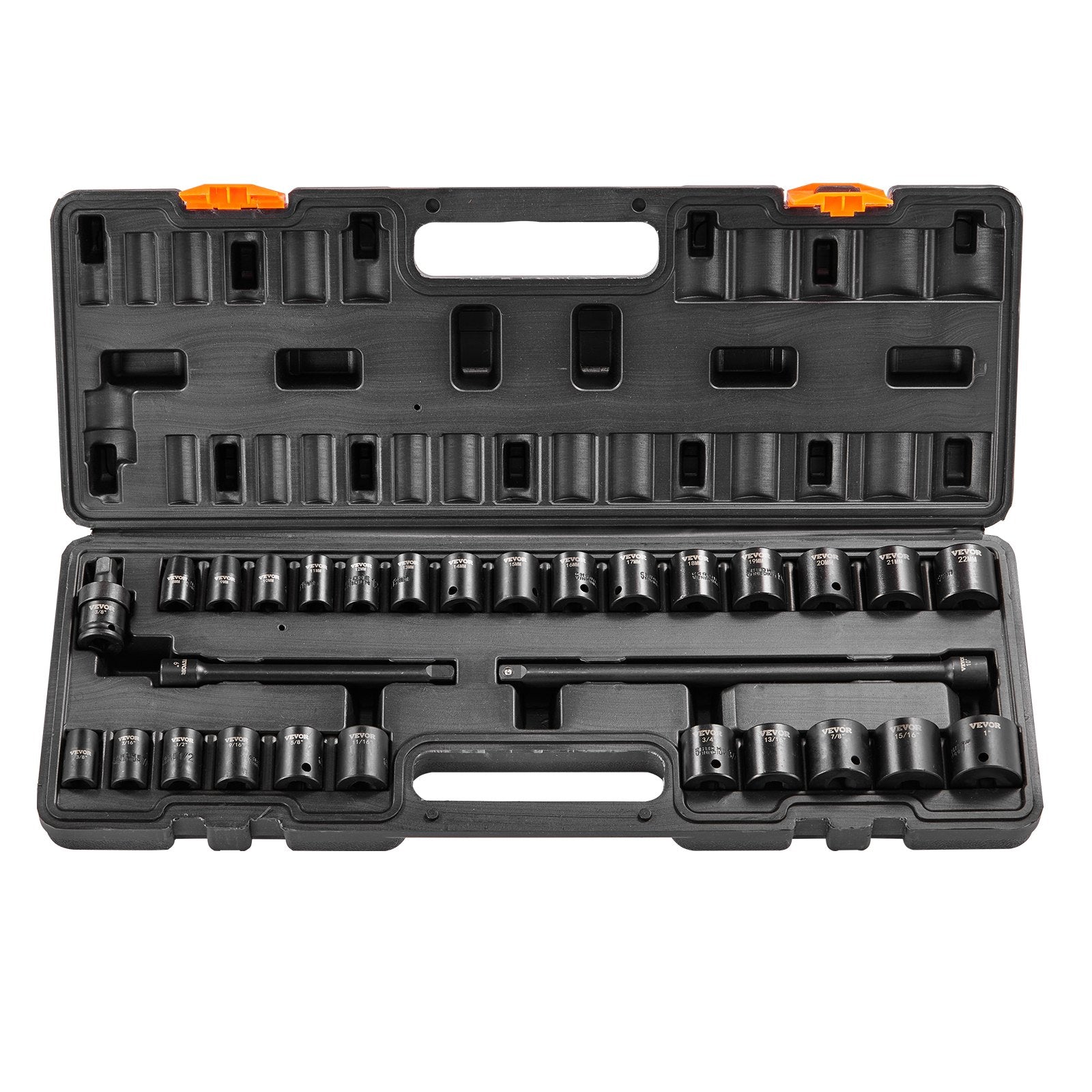 Tool Sockets: VEVOR Impact Sockets Set 29pcs 6-Point 3/8in Drive Bit Ratchet Tool Kit Case