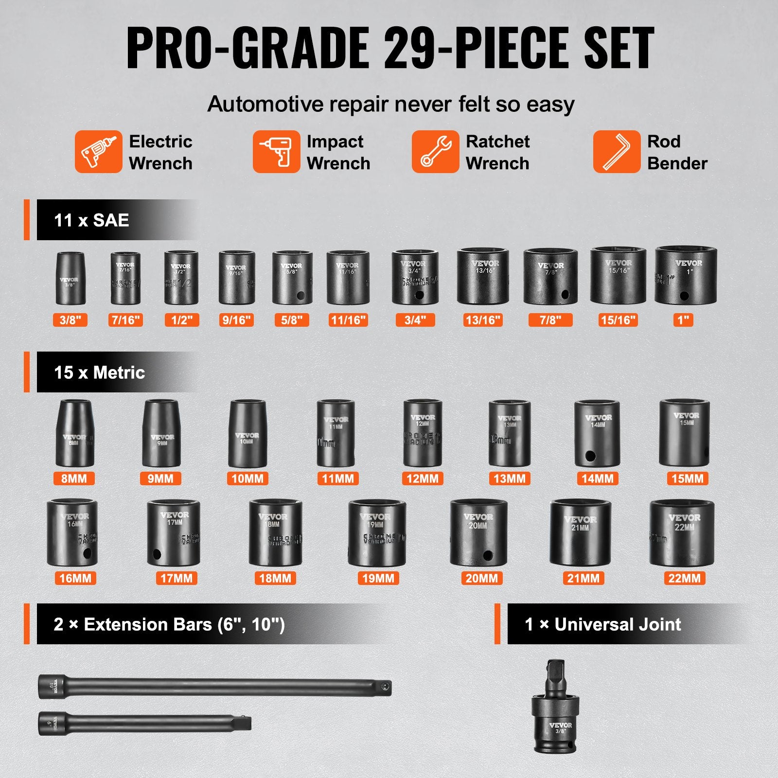 Tool Sockets: VEVOR Impact Sockets Set 29pcs 6-Point 3/8in Drive Bit Ratchet Tool Kit Case