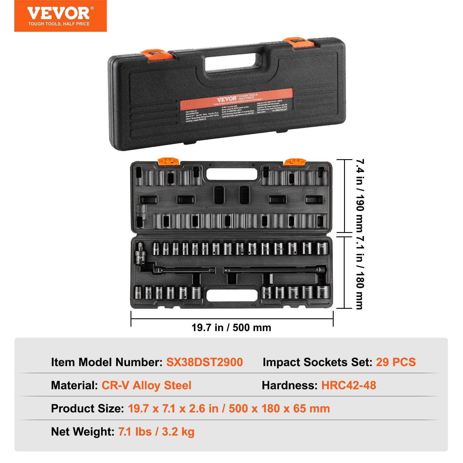 Tool Sockets: VEVOR Impact Sockets Set 29pcs 6-Point 3/8in Drive Bit Ratchet Tool Kit Case