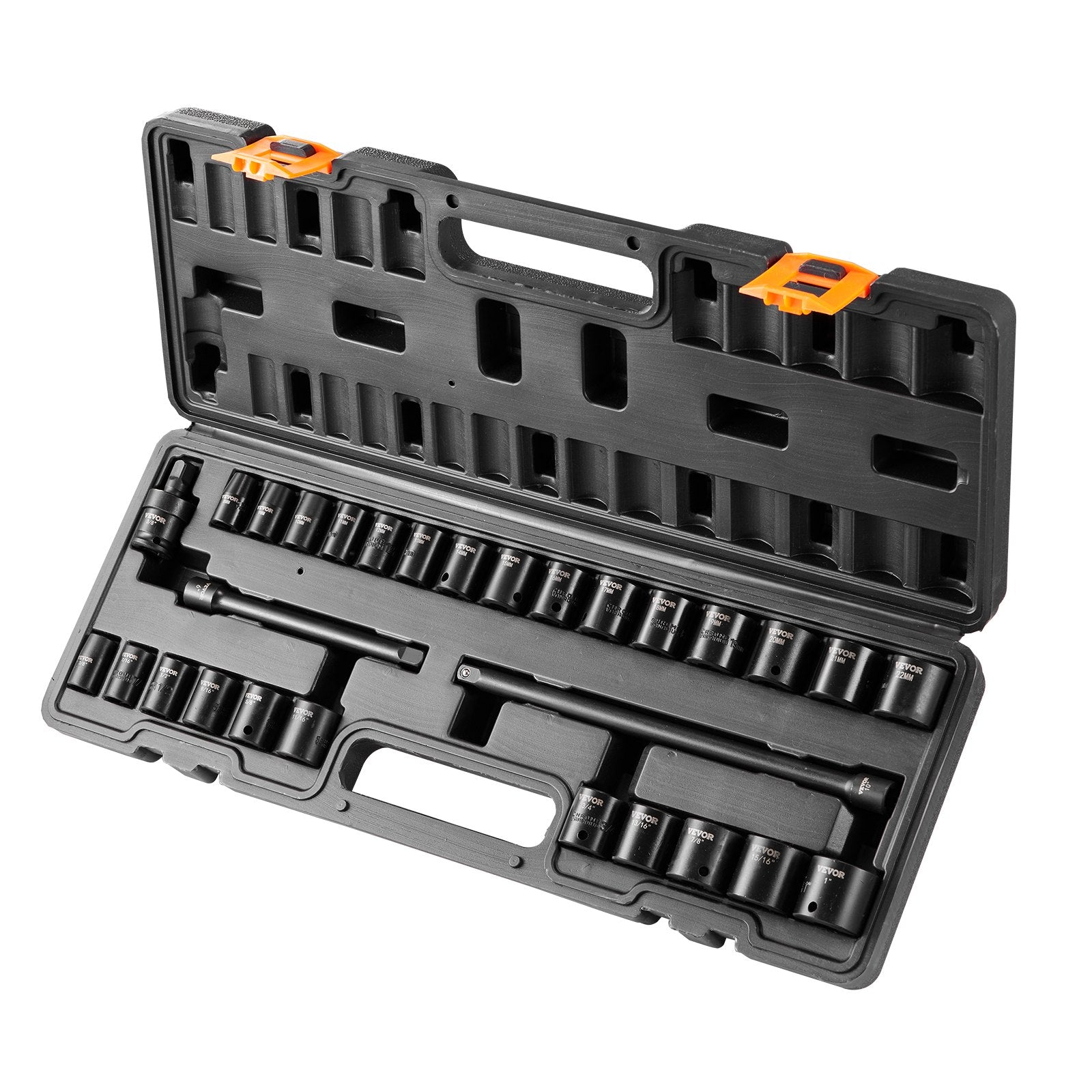 Tool Sockets: VEVOR Impact Sockets Set 29pcs 6-Point 3/8in Drive Bit Ratchet Tool Kit Case