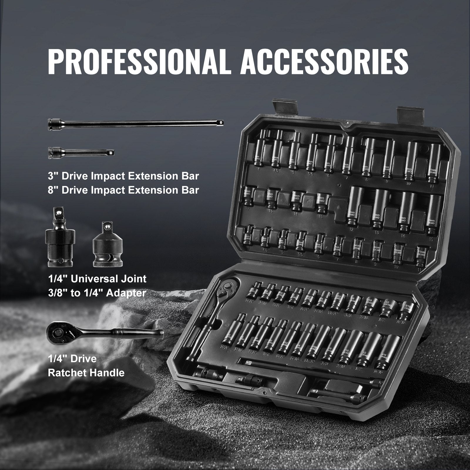 Tool Sockets: VEVOR 1/4" Drive Impact Socket Set, 55 Piece Deep & Shallow Socket Set SAE 5/32"-9/16" and Metric 4-15mm, 6 Point CR-V Alloy Steel for Auto Repair, Easy-to-Read Size Markings, Storage Case