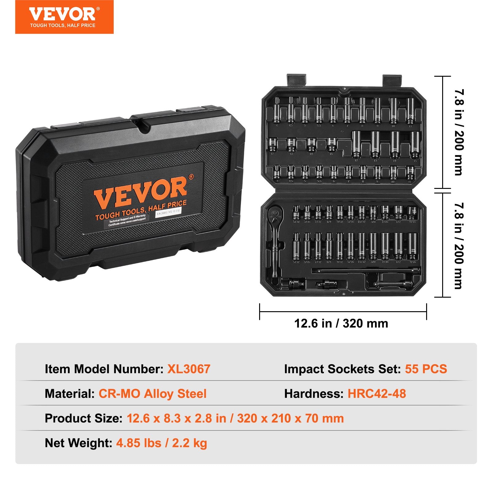 Tool Sockets: VEVOR 1/4" Drive Impact Socket Set, 55 Piece Deep & Shallow Socket Set SAE 5/32"-9/16" and Metric 4-15mm, 6 Point CR-V Alloy Steel for Auto Repair, Easy-to-Read Size Markings, Storage Case