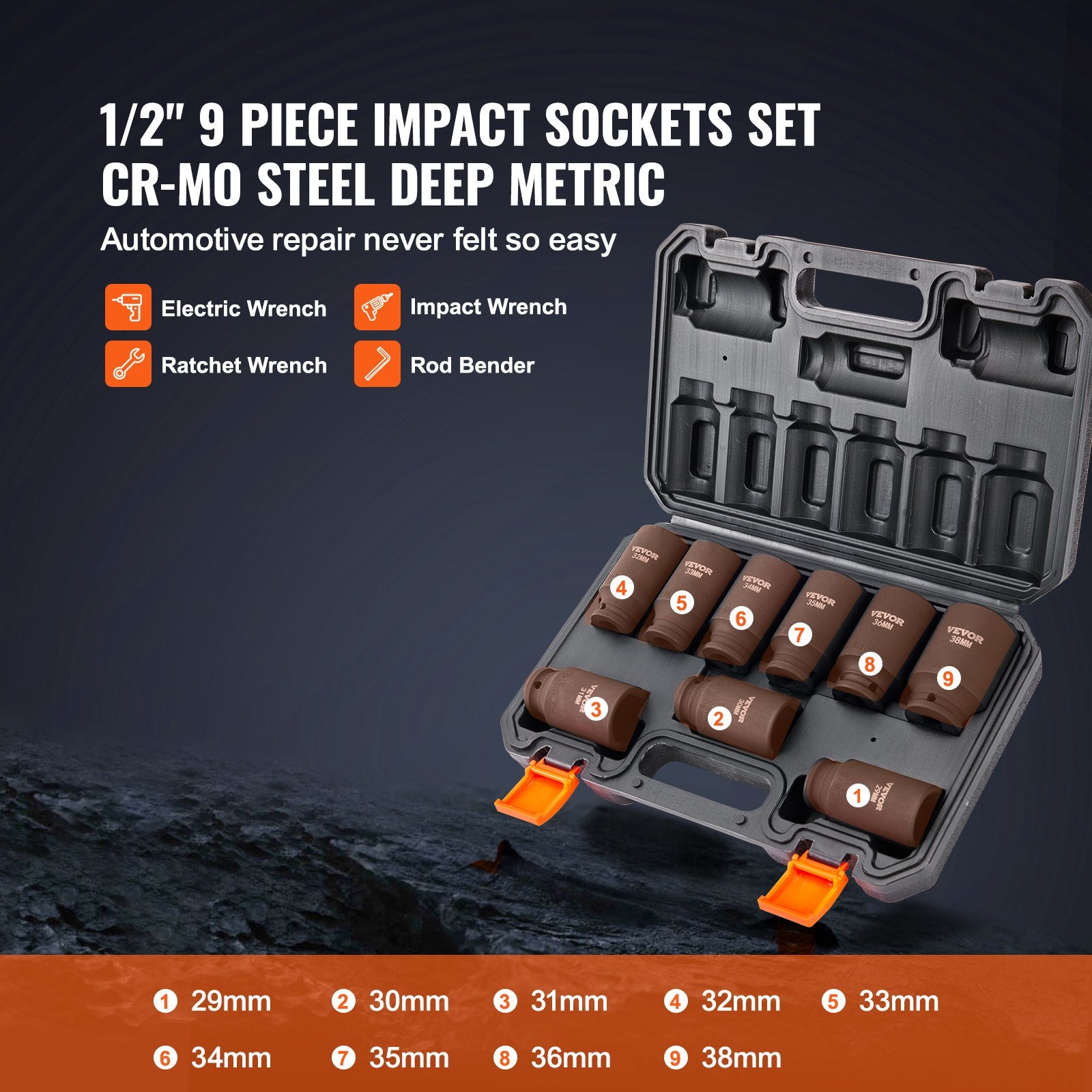 Tool Sockets: VEVOR Impact Sockets Set 9pcs 6-Point 1/2in Metric Drive Bit Ratchet Tool Kit
