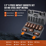 Tool Sockets: VEVOR Impact Sockets Set 9pcs 6-Point 1/2in Metric Drive Bit Ratchet Tool Kit