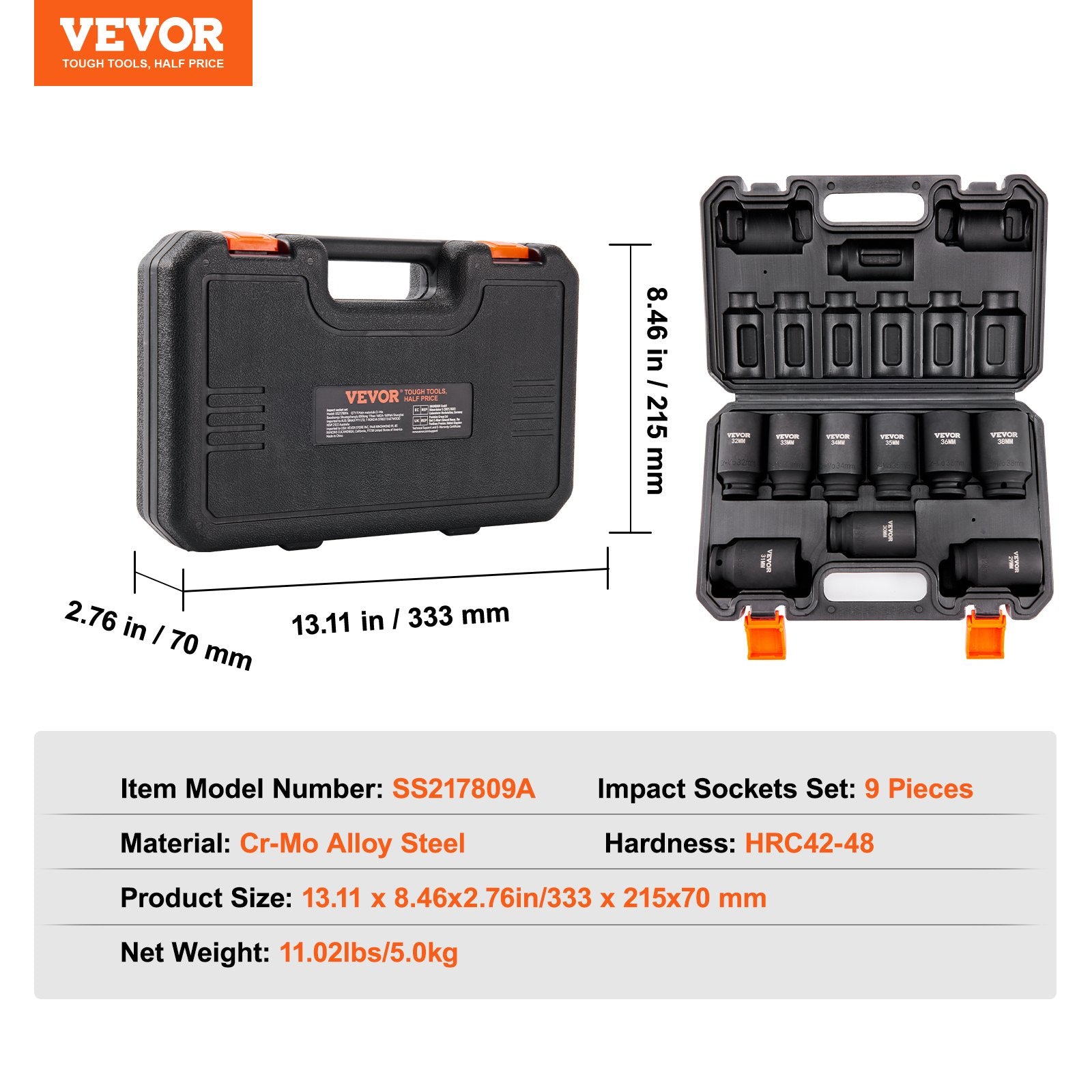 Tool Sockets: VEVOR Impact Sockets Set 9pcs 6-Point 1/2in Metric Drive Bit Ratchet Tool Kit