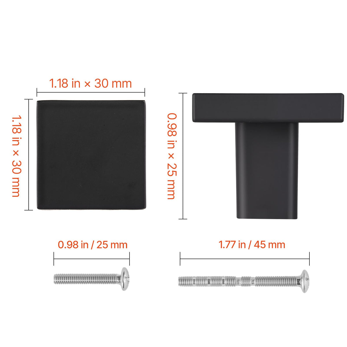 Cabinet Knobs, 10 Pack, 30 mm Black Zinc Alloy Drawer Pulls & Door Handles, Square Kitchen Solid Knobs Dresser Handles, Cupboard Hardware with Screws for Kitchen Bathroom Closet Cabinets Drawers