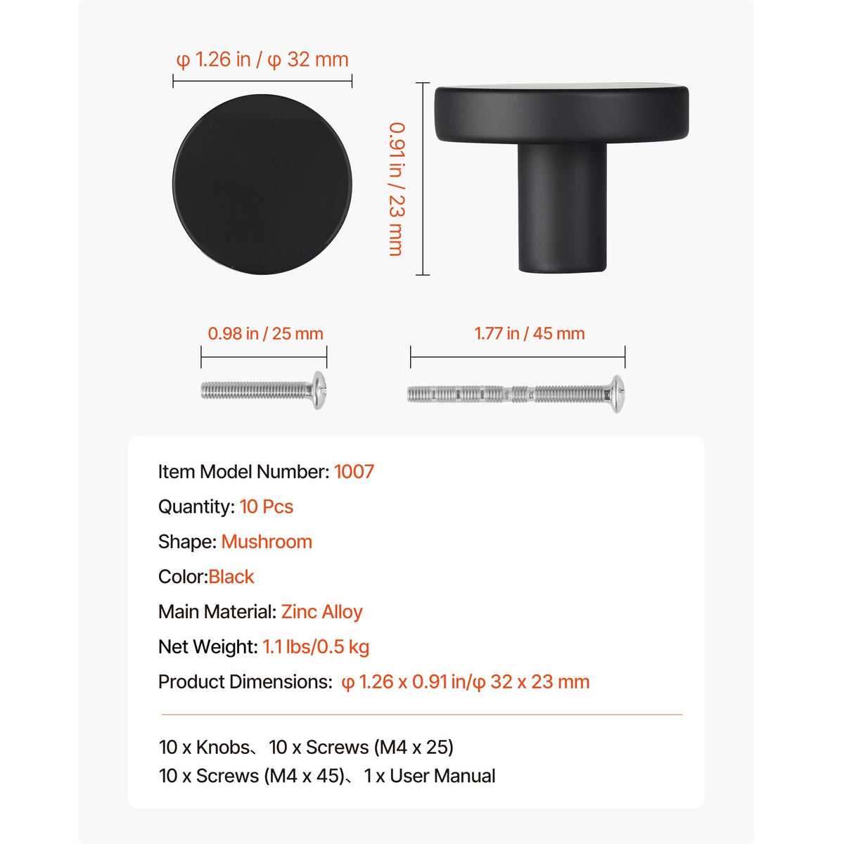 Cabinet Knobs, 10 Pack, 32 mm Black Zinc Alloy Drawer Pulls & Door Handles, Mushroom Kitchen Solid Knobs Dresser Handles, Cupboard Hardware with Screws for Bathroom Closet Cabinets and Drawers