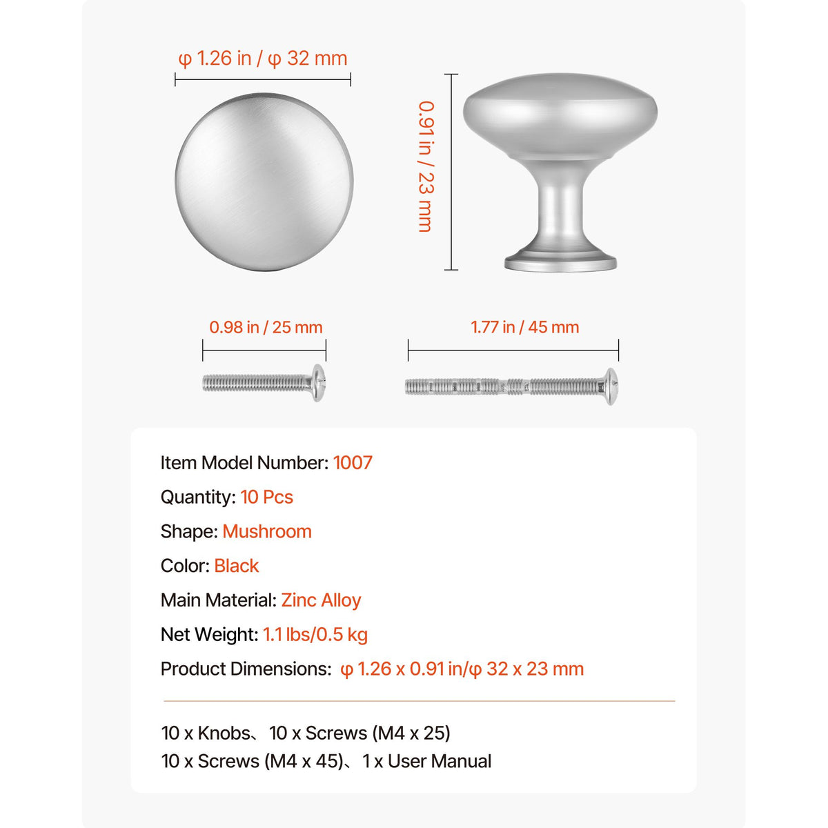 Cabinet Knobs, 25 Pack, 28 mm Zinc Alloy Drawer Pulls Door Handles, Mushroom Kitchen Solid Knobs Dresser Handles, Cupboard Hardware with Screws for Bathroom Closet Cabinets Drawers, Nickel Color