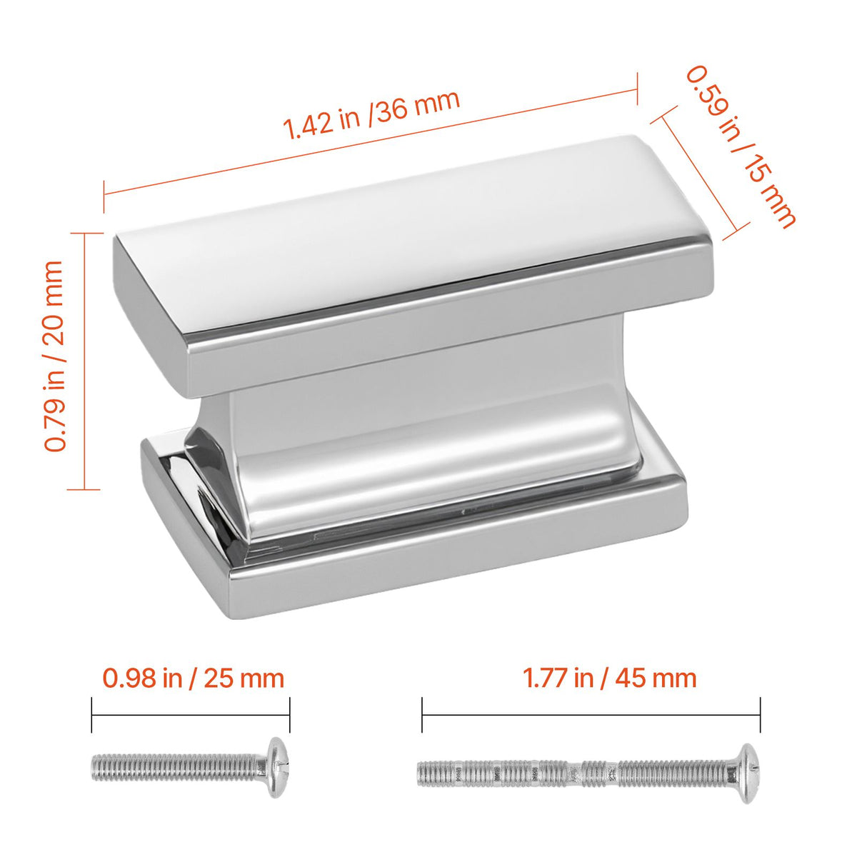 Cabinet Knobs, 10 Pack, 36 mm Zinc Alloy Drawer Pulls Door Handles, Rectangular Kitchen Dresser Solid Knobs, Cupboard Hardware with Screws for Bathroom Closet Cabinets Drawers, Chrome Color