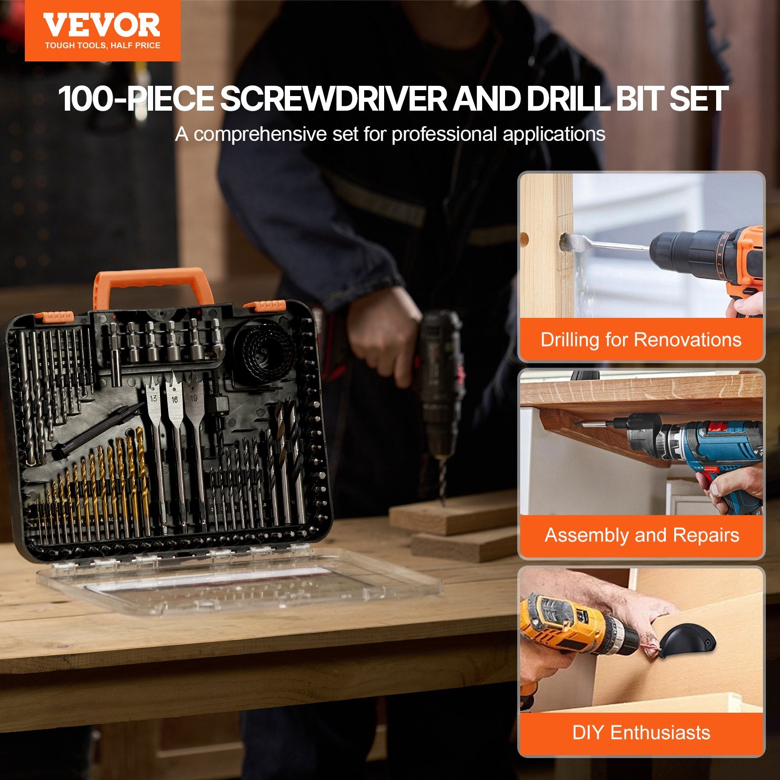 Power Drills & Accessories: VEVOR Drill Bit Set 100PCS Screwdriver Bit Set with Carrying Case Multi-purpose