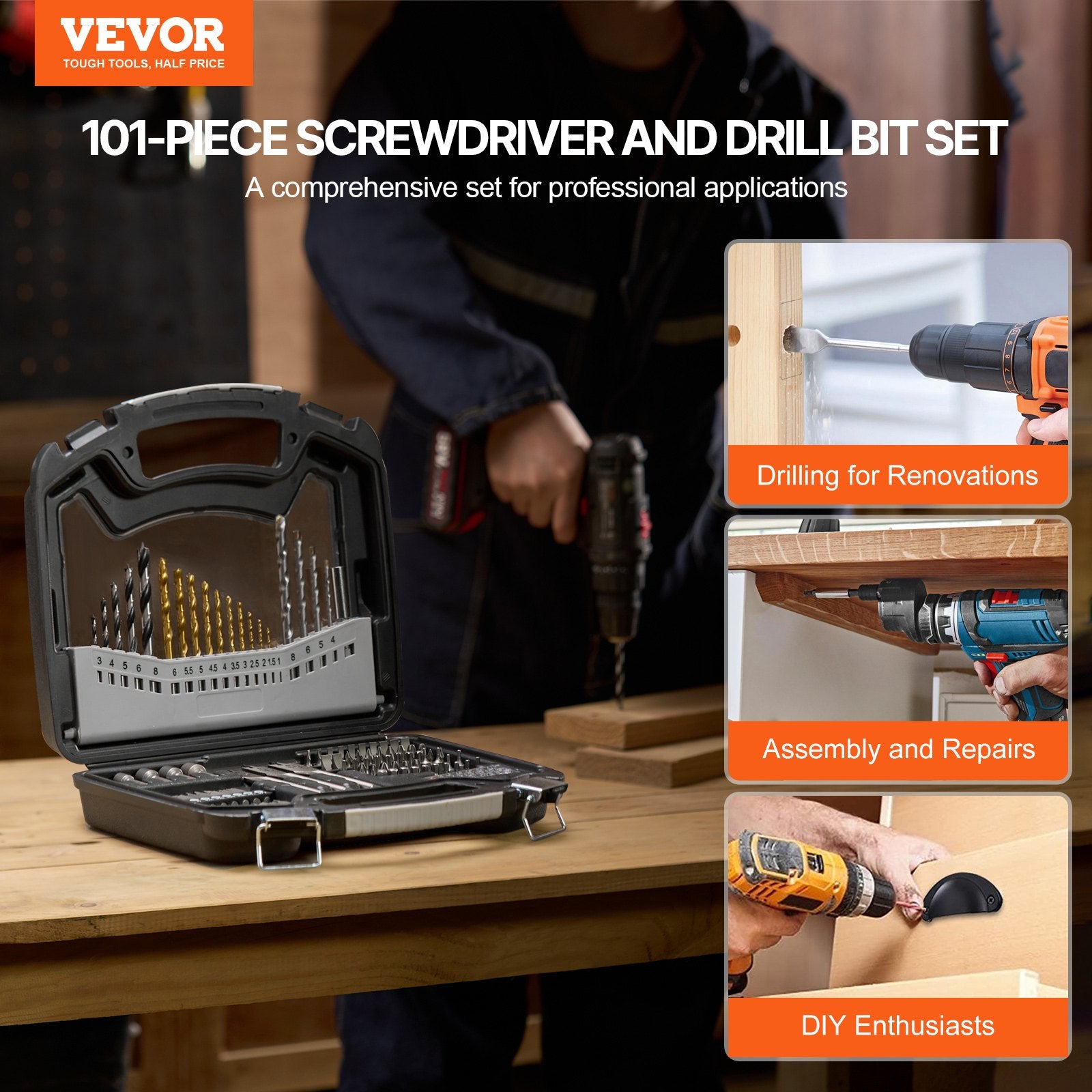 Power Drills & Accessories: VEVOR Drill Bit Set 101PCS Screwdriver Bit Set with Carrying Case Multi-purpose
