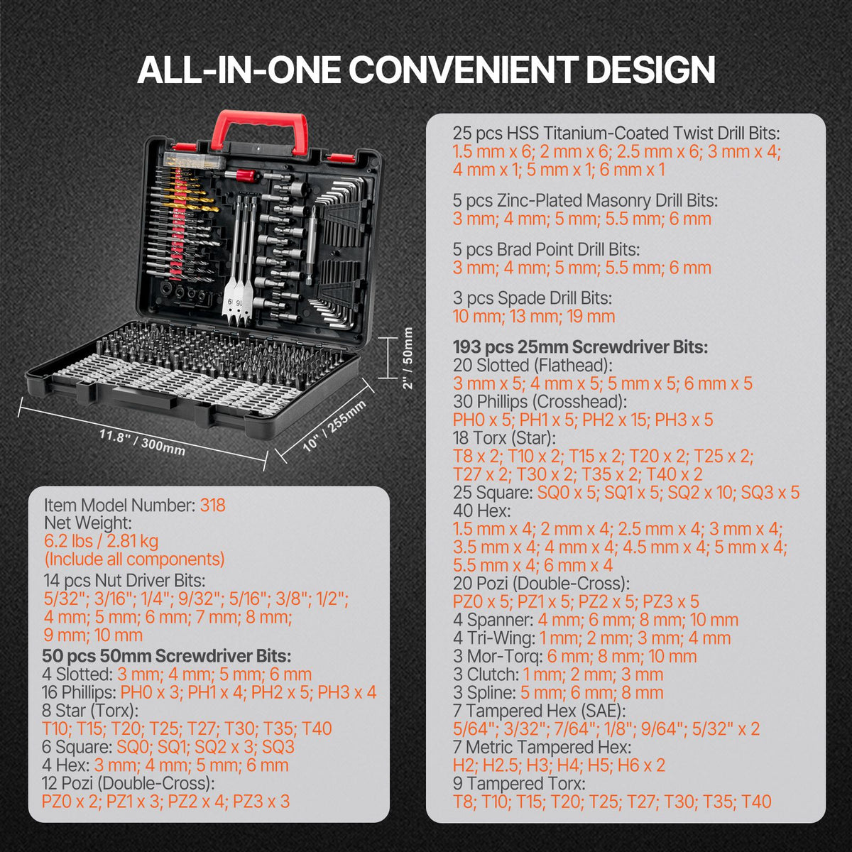 Drill Bit Set, 318 Pieces Drill and Driver Bit Set, Screwdriver Bit Set Suitable for Wood Metal Cement Drilling and Screw Driving, Drill Bit Sets Combo Kit Assorted in Organized Carrying Case
