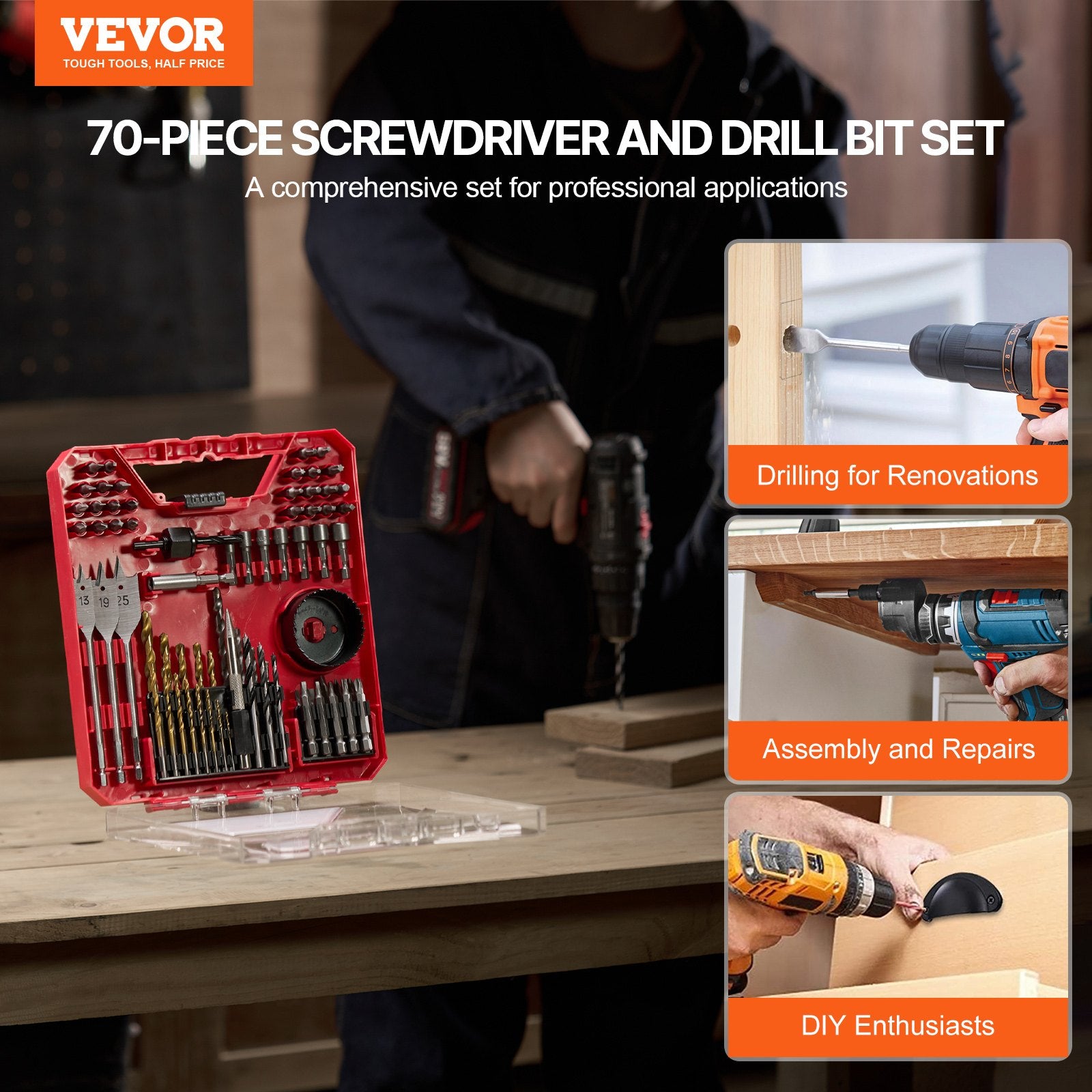 Power Drills & Accessories: VEVOR Drill Bit Set 70 PCS Screwdriver Bit Set with Carrying Case Multi-purpose