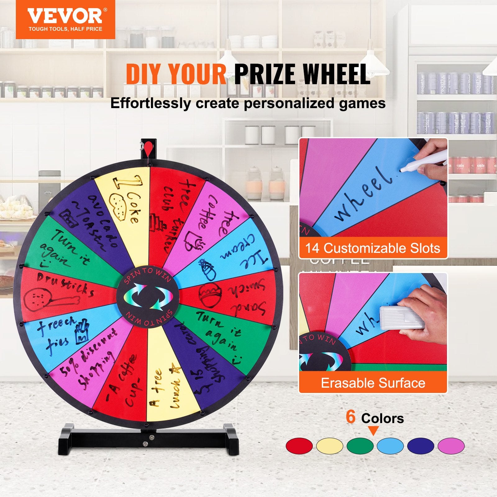 Board Games: VEVOR 24 inch Spinning Prize Wheel, 14 Slots Tabletop Spinner, Heavy Duty Roulette Wheel with a Dry Erase and 2 Markers, Win Fortune Spin Games in Party Pub Trade Show Carnival