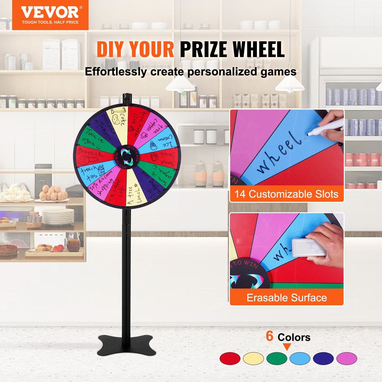 24 inch Spinning Prize Wheel, 14 Slots Spinning Wheel, Roulette Wheel with a Dry Erase and 2 Markers, Tabletop or Floor Standing Win Fortune Spin Games in Party Pub Trade Show Carnival
