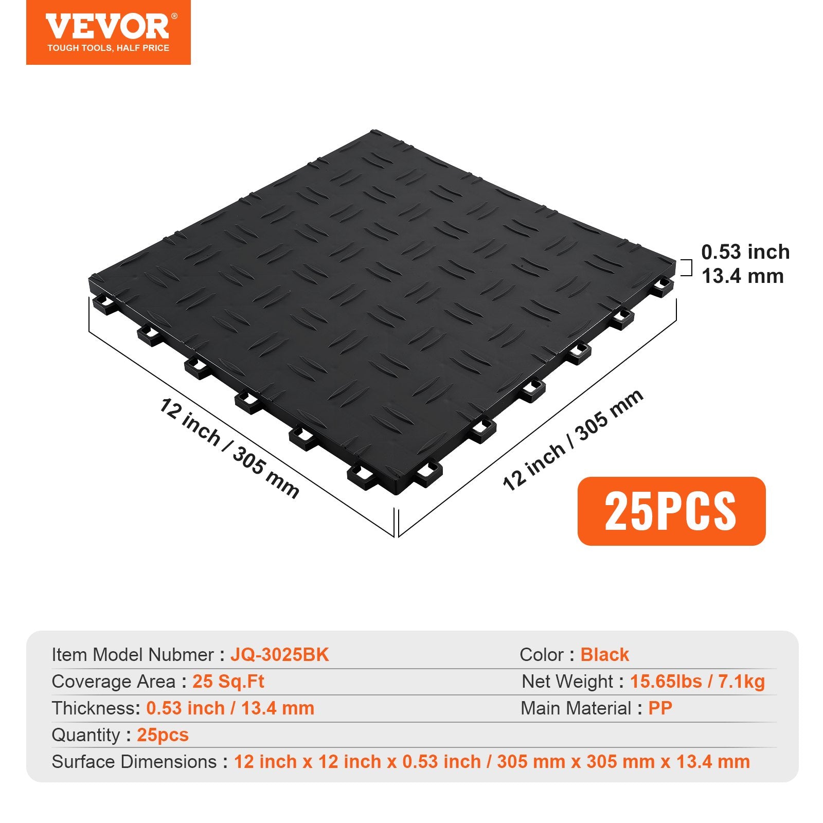 Automotive Repair & Speciality Tools: VEVOR Garage Tiles Interlocking, 12 x 12 x 0.53 inch 25 Pack Garage Floor Covering Tiles, Non-Slip Double-Sided Texture Garage Flooring Tiles, for Garages, Basements, Repair Shops, Black