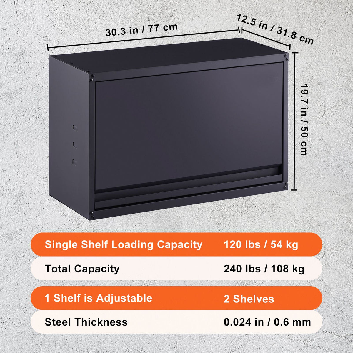 Metal Storage Cabinet, 54.4 kg Load Capacity per Shelf, 50.8 cm Tall Wall-Mounted Powder-Coating Steel Garage Cabinet with Adjustable Shelf, Press to Lock & Open Door, Perfect for Office Home Garage