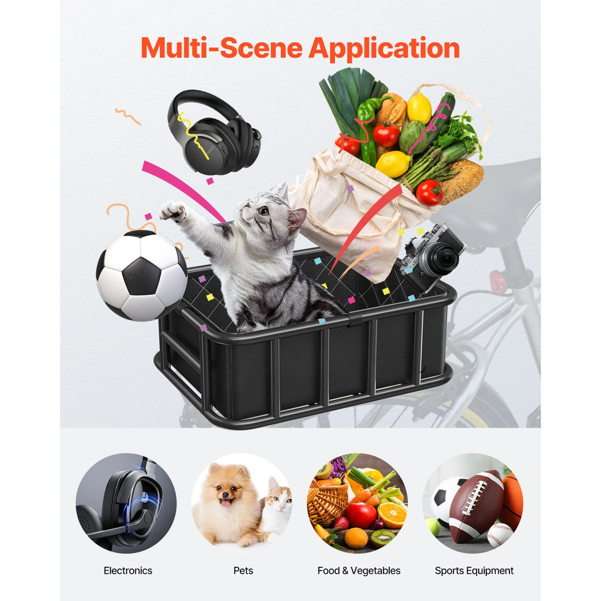 Rear Bike Basket, Medium Bicycle Basket with Cargo Net, Liner & Waterproof Cover, Heavy Duty Bike Back Basket for Adult Women/Men Carrying Dogs, Pets, Fruit & Grocery, Mounting Tools Included