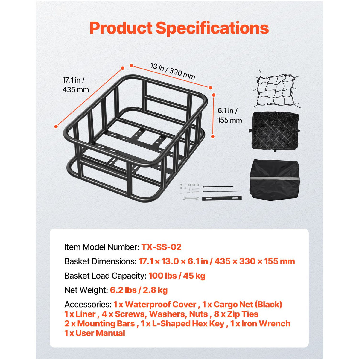 Rear Bike Basket, Medium Bicycle Basket with Cargo Net, Liner & Waterproof Cover, Heavy Duty Bike Back Basket for Adult Women/Men Carrying Dogs, Pets, Fruit & Grocery, Mounting Tools Included