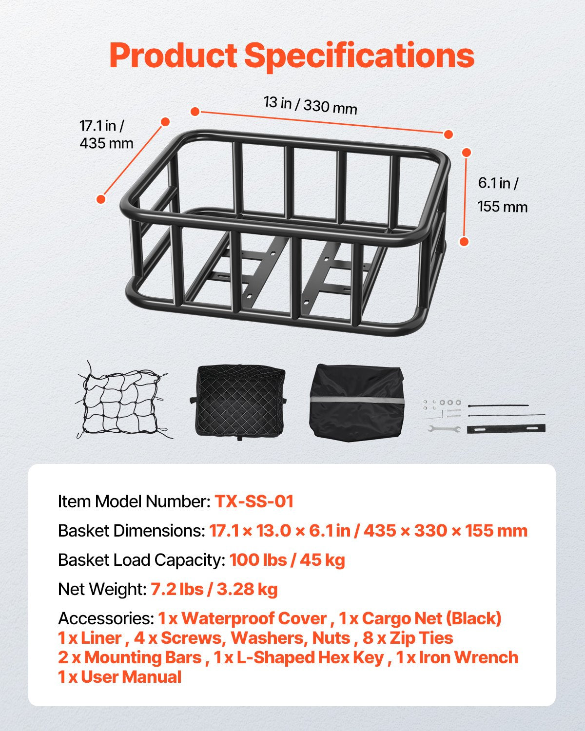 Bicycle Stands & Storage: VEVOR Rear Bike Basket Large Bicycle Basket with Cargo Net Rainproof Cover Liner