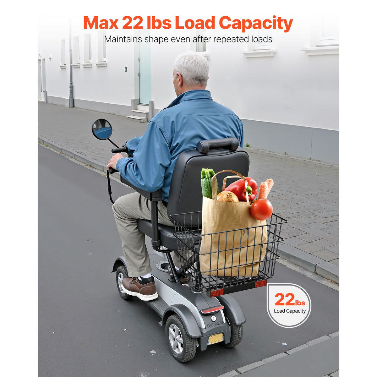 Scooter Rear Basket, Heavy Duty Metal Wire Basket with Handle, Spacious Cargo Basket, Works with 1-inch Receiver, Compatible with Most Golden, Drive & Pride Mobility Scooter