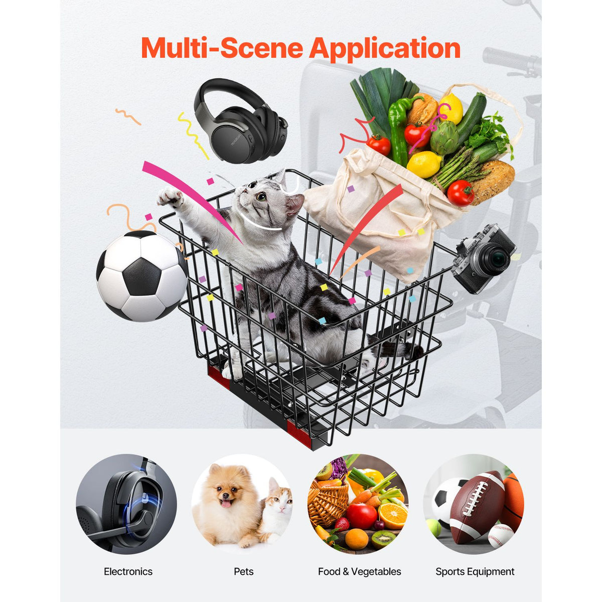Scooter Rear Basket, Heavy Duty Metal Wire Basket with Handle, Spacious Cargo Basket, Works with 1-inch Receiver, Compatible with Most Golden, Drive & Pride Mobility Scooter