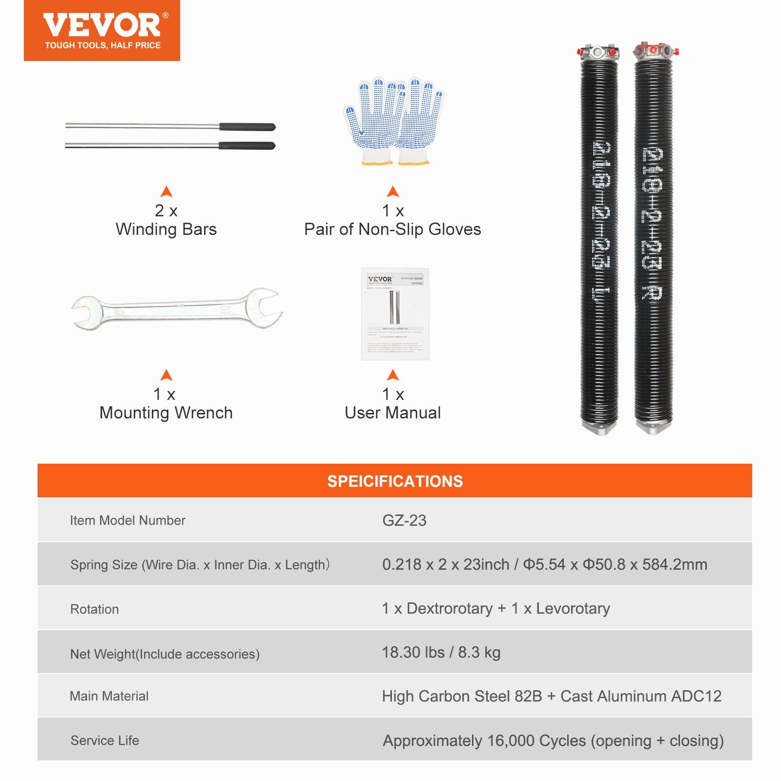 Automotive Repair & Speciality Tools: VEVOR Garage Door Torsion Springs Pair of 0.218 x 2 x 23inch with Winding Bars
