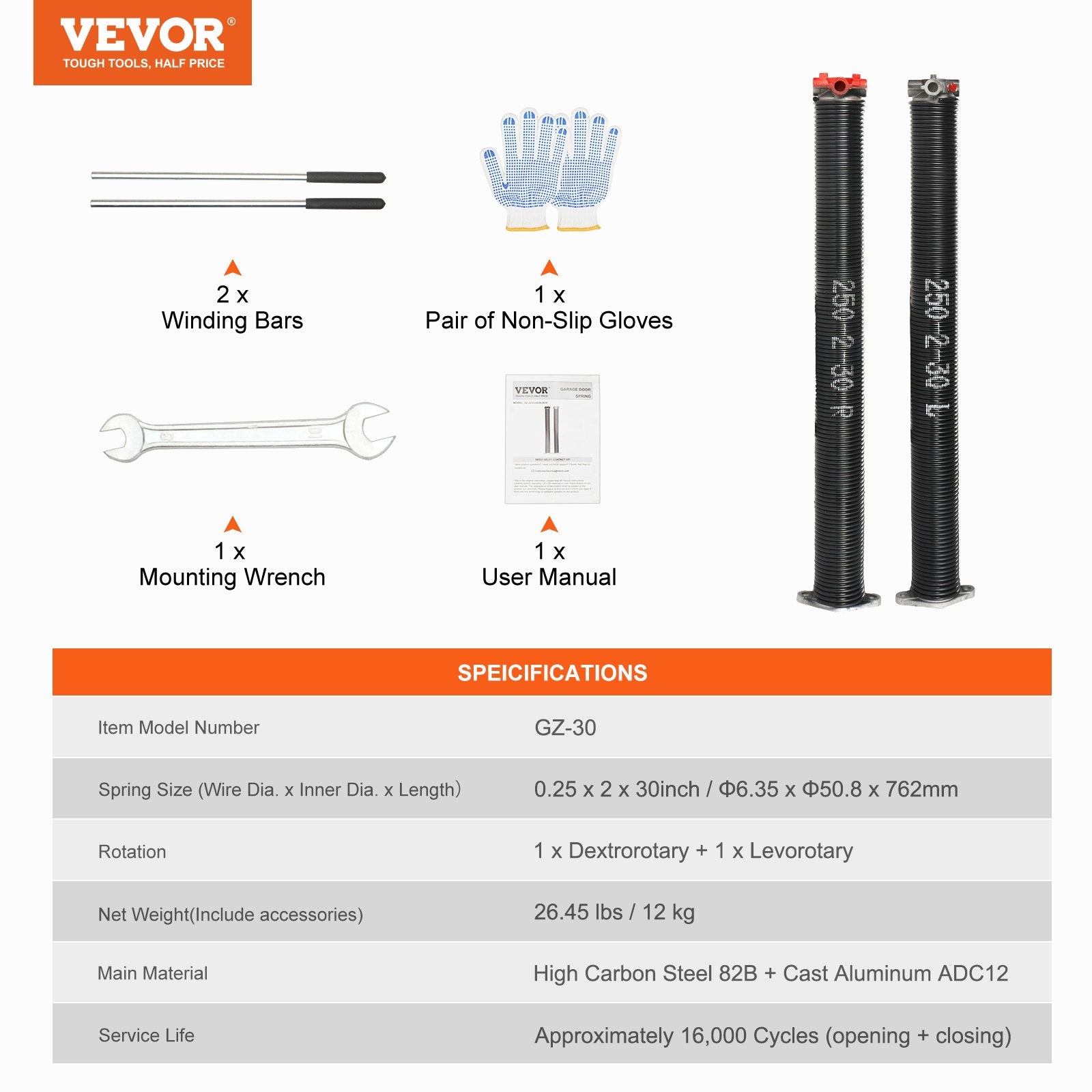 Garage Door Torsion Springs, 16000 Cycles, Pair of 0.25 x 2 x 30inch, Garage Door Springs with Non-Slip Winding Bars, Mounting Tool and Gloves, Electrophoresis Coated, for Replacement