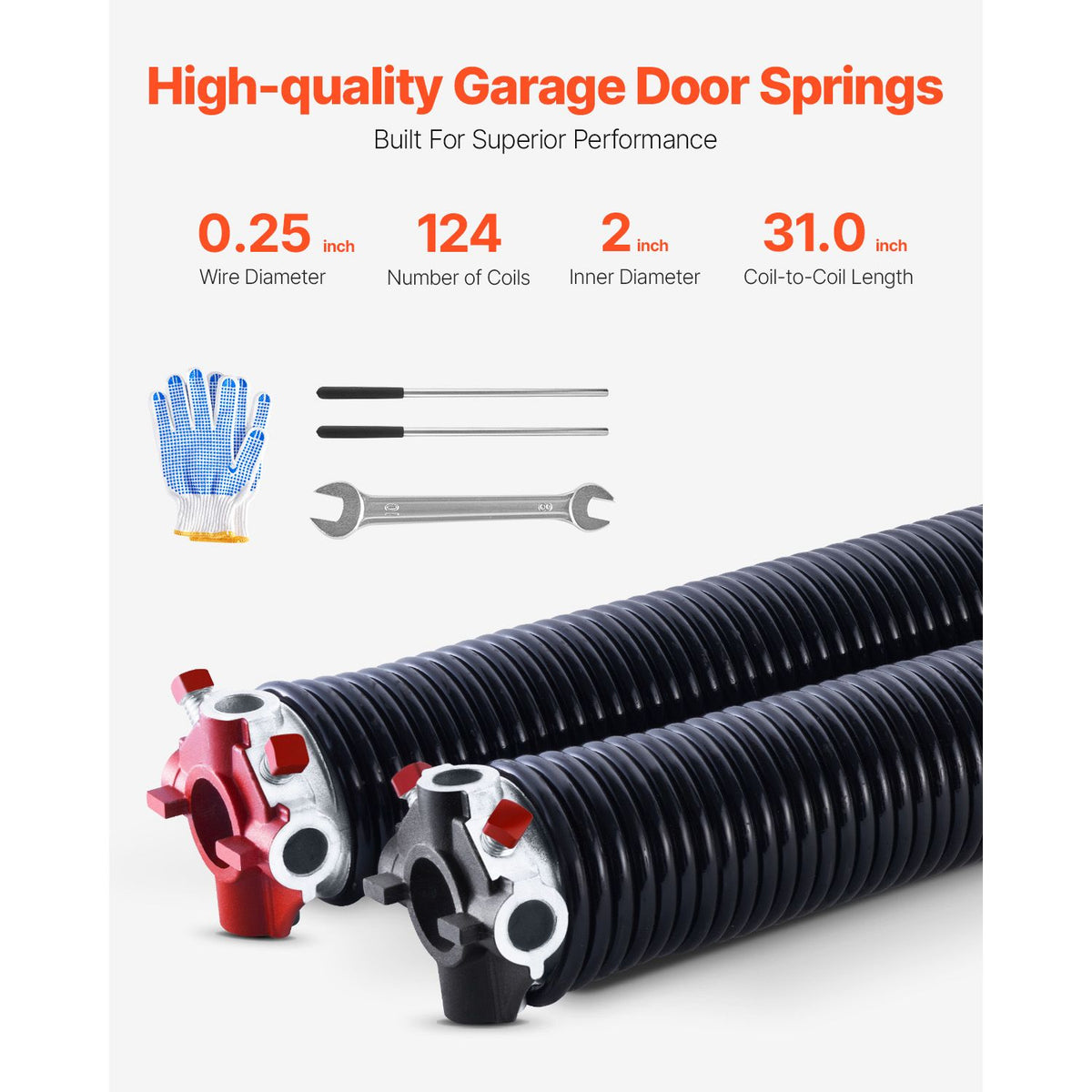 Garage Door Torsion Springs, Pair of 6.35 x 50.8 x 787 mmn, 16000 Cycles, Electrophoresis Black Coated for Replacement, Garage Door Springs with Non-Slip Winding Bars, Gloves and Mounting Wrench