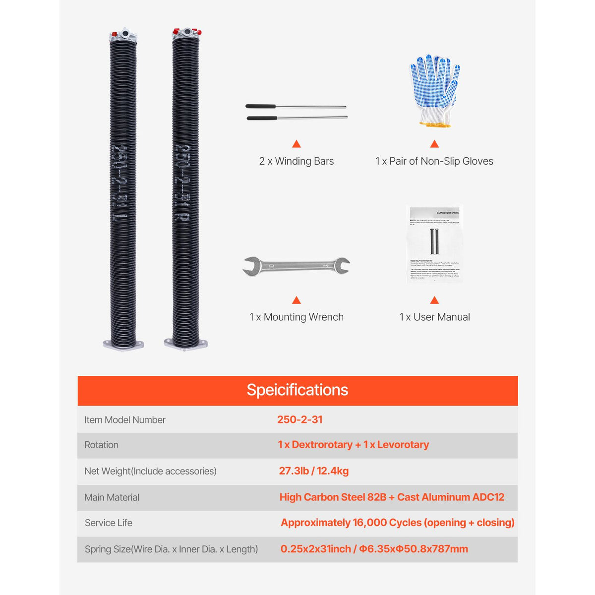 Garage Door Torsion Springs, Pair of 6.35 x 50.8 x 787 mmn, 16000 Cycles, Electrophoresis Black Coated for Replacement, Garage Door Springs with Non-Slip Winding Bars, Gloves and Mounting Wrench