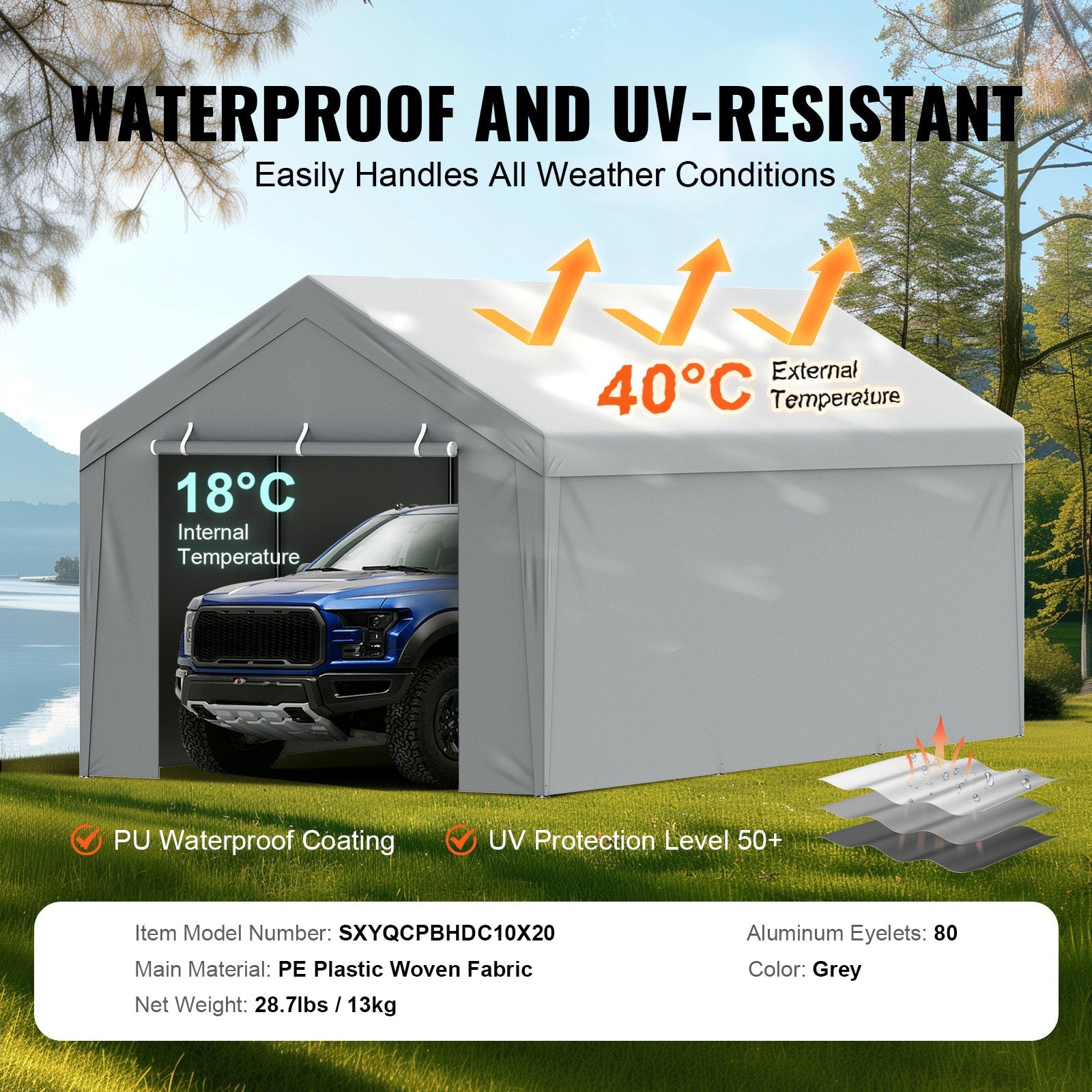 Canopies & Gazebos: VEVOR Carport Replacement Canopy Cover Top + Side Wall 10 x 20 ft, Garage Tent Shelter Tarp Heavy-Duty Waterproof & UV Protected, Easy Installation with Ball Bungees,White (Frame Not Included)