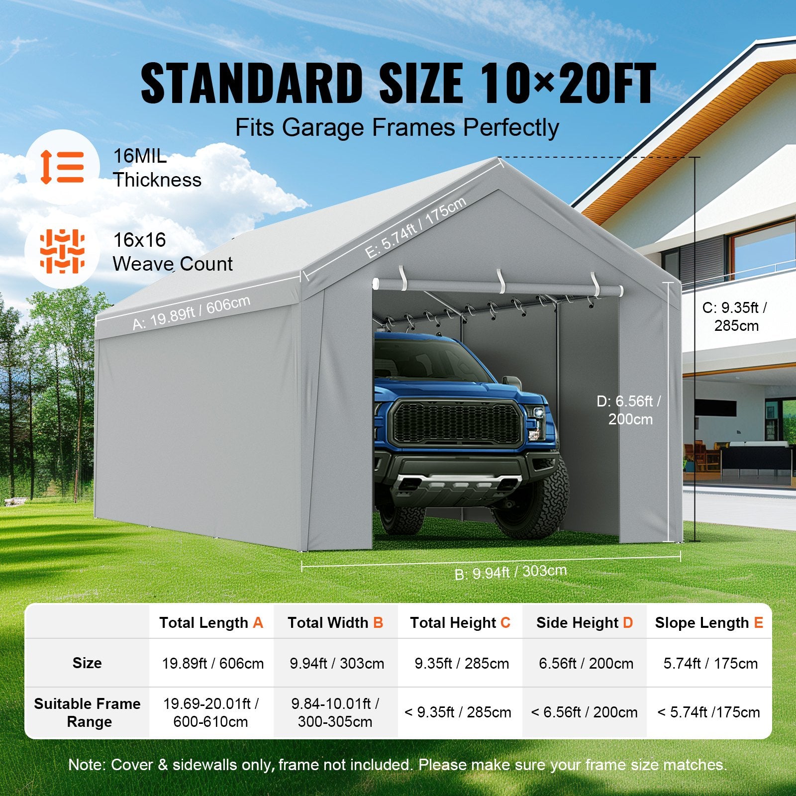 Canopies & Gazebos: VEVOR Carport Replacement Canopy Cover Top + Side Wall 10 x 20 ft, Garage Tent Shelter Tarp Heavy-Duty Waterproof & UV Protected, Easy Installation with Ball Bungees,White (Frame Not Included)