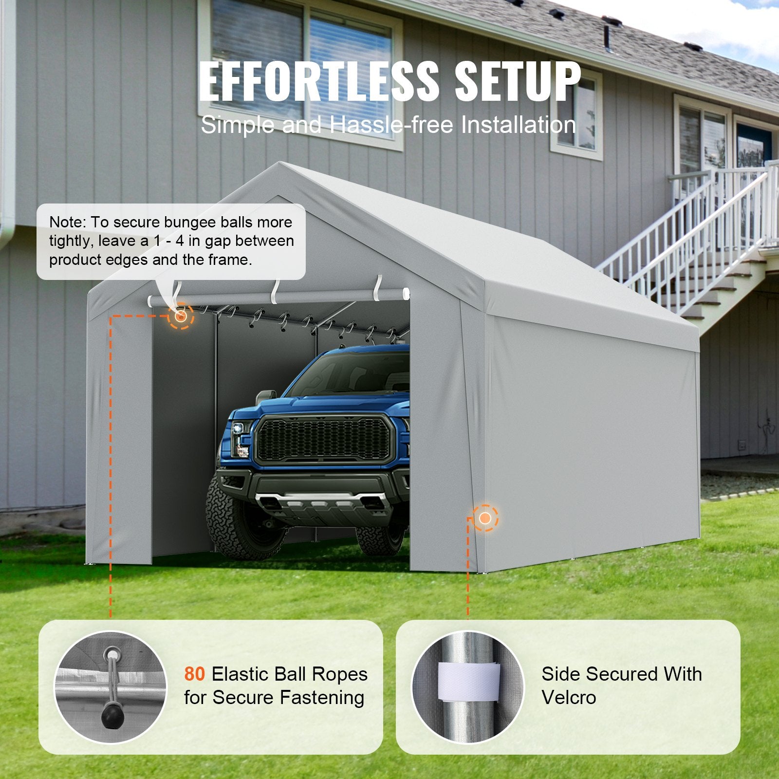 Canopies & Gazebos: VEVOR Carport Replacement Canopy Cover Top + Side Wall 10 x 20 ft, Garage Tent Shelter Tarp Heavy-Duty Waterproof & UV Protected, Easy Installation with Ball Bungees,White (Frame Not Included)