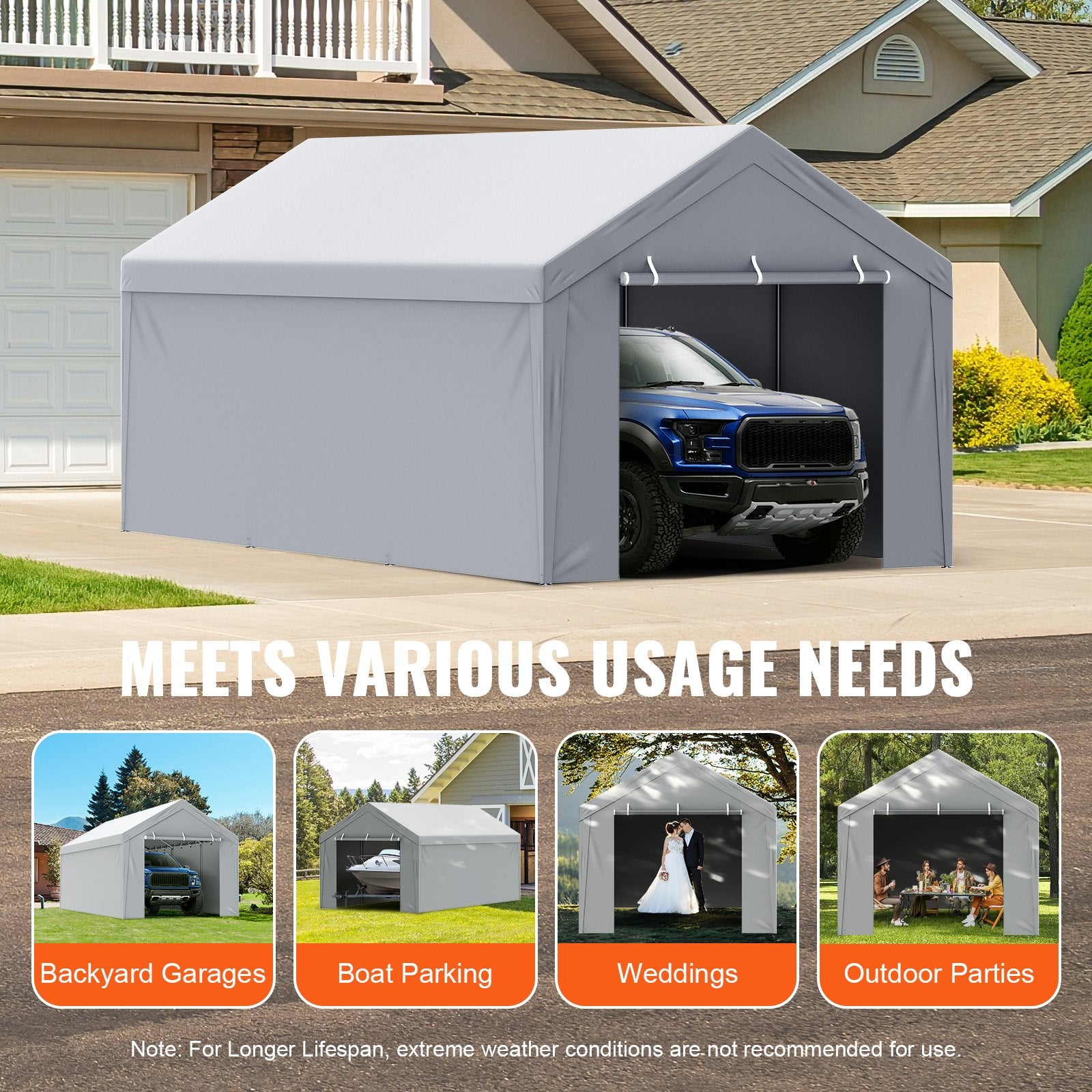 Canopies & Gazebos: VEVOR Carport Replacement Canopy Cover Top + Side Wall 10 x 20 ft, Garage Tent Shelter Tarp Heavy-Duty Waterproof & UV Protected, Easy Installation with Ball Bungees,White (Frame Not Included)