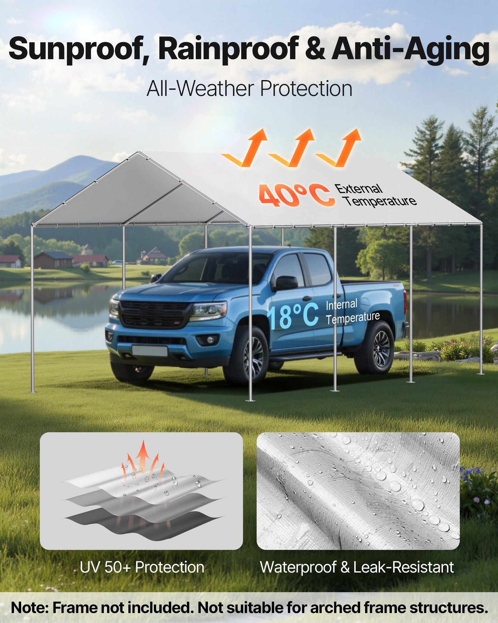 Carport Replacement Canopy, 6 x 3 m Potable Garage Tent Top Tarp, UV-Resistant & Waterproof Car Shelter Tarp, Heavy Duty Car Port Cover with Ball Buggees, Grey, Frame Not Included