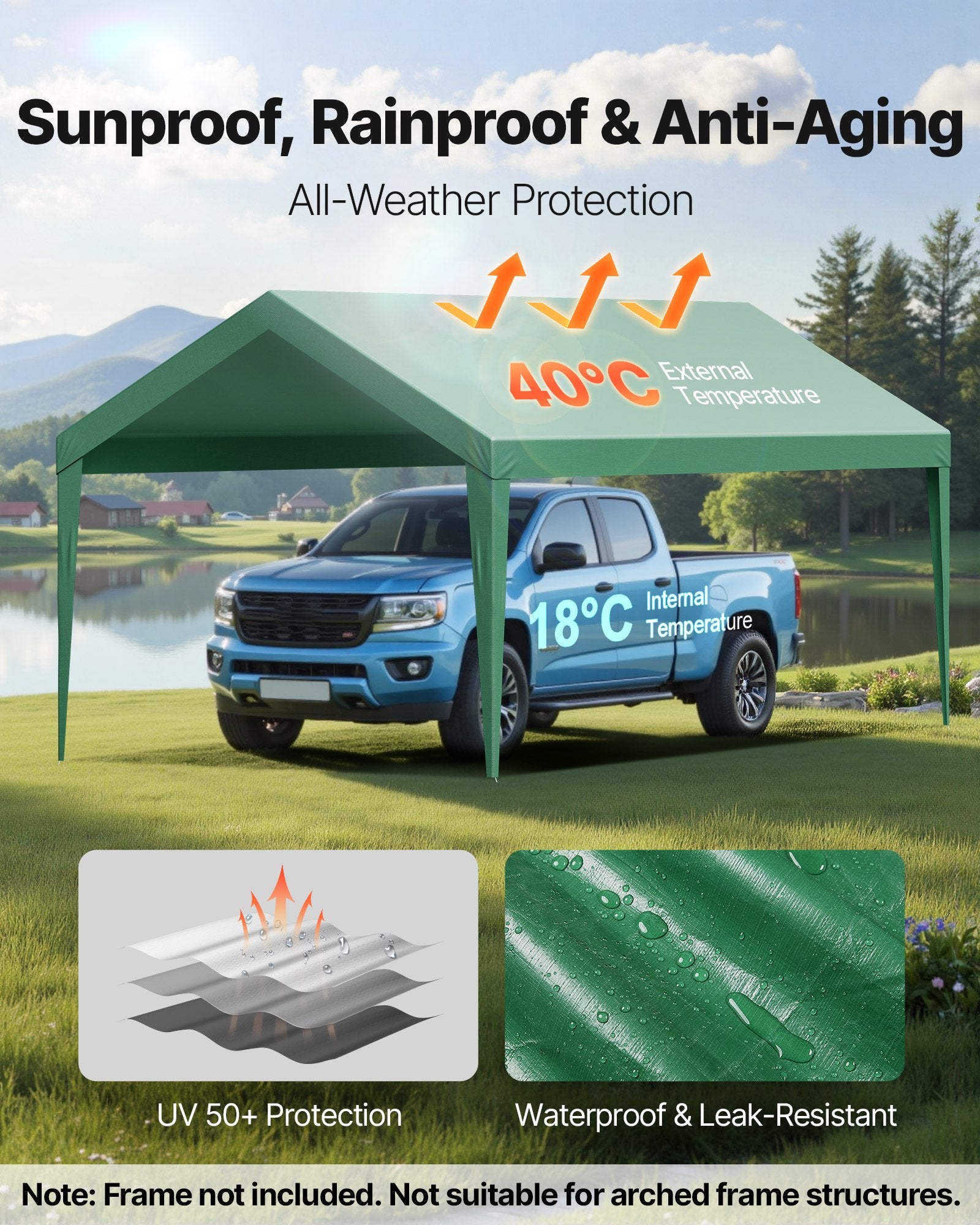 Canopies & Gazebos: VEVOR Carport Replacement Canopy, 6 x 3 m Potable Garage Tent Top Tarp, UV-Resistant & Waterproof Car Shelter Tarp, Heavy Duty Car Port Cover with Ball Buggees, Dark Green, Frame Not Included