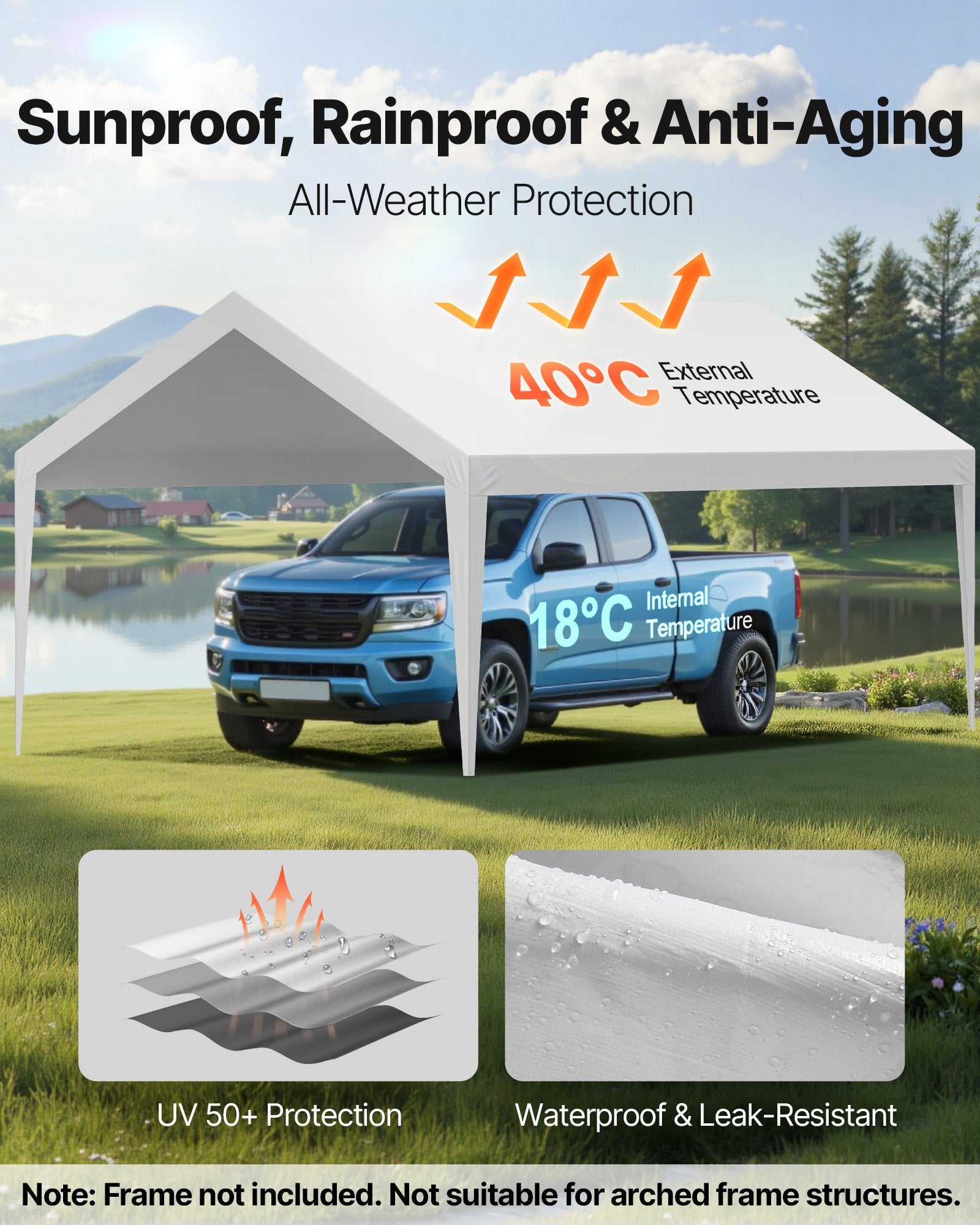 Carport Replacement Canopy, 6 x 3.6 m Potable Garage Tent Top Tarp, UV-Resistant & Waterproof Car Shelter Tarp, Heavy Duty Car Port Cover with Ball Buggees, White, Frame Not Included