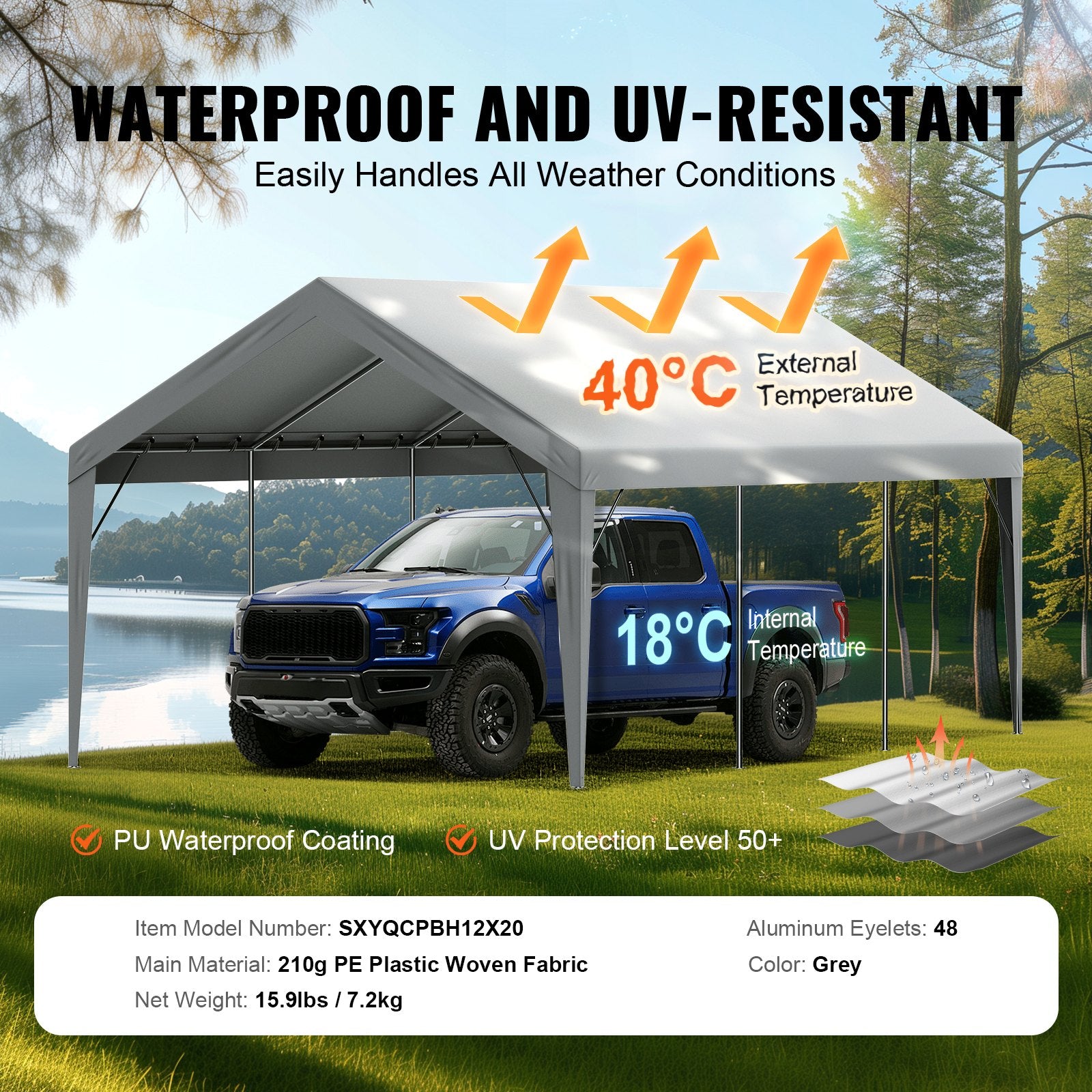 Carport Replacement Canopy Cover 12 x 20 ft, Garage Top Tent Shelter Tarp Heavy-Duty Waterproof & UV Protected, Easy Installation with Ball Bungees,Grey (Only Top Cover, Frame Not Include)