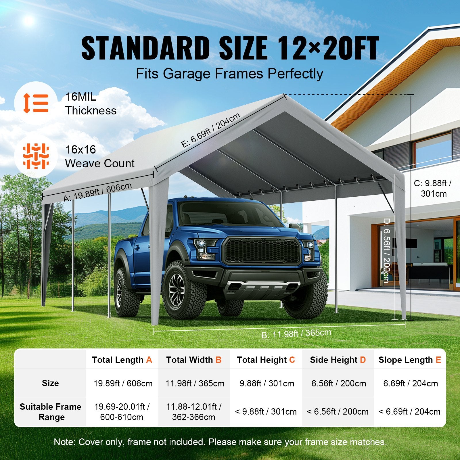 Carport Replacement Canopy Cover 12 x 20 ft, Garage Top Tent Shelter Tarp Heavy-Duty Waterproof & UV Protected, Easy Installation with Ball Bungees,Grey (Only Top Cover, Frame Not Include)